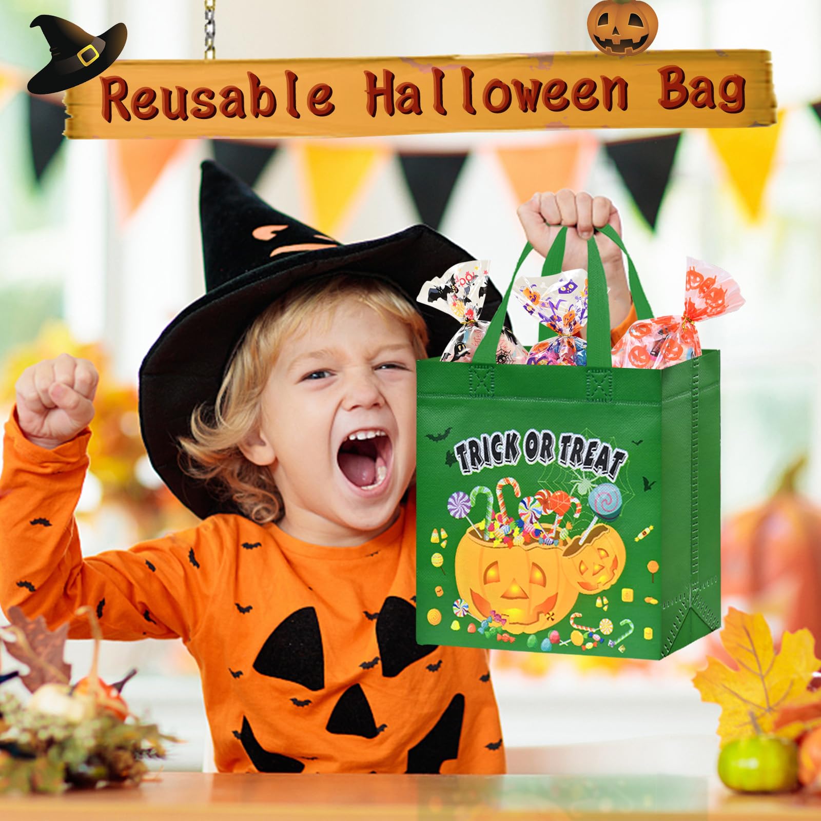 AhfuLife 8 Pack Halloween Trick or Treat Bags - Reusable Non-Woven Candy Tote Bags with Handles for Kids Party Favors & Halloween Supplies (7.8x7.8x3.1 Inches) - Perfect for Trick-or-Treating, Classroom Parties & Halloween Goodie Bags
