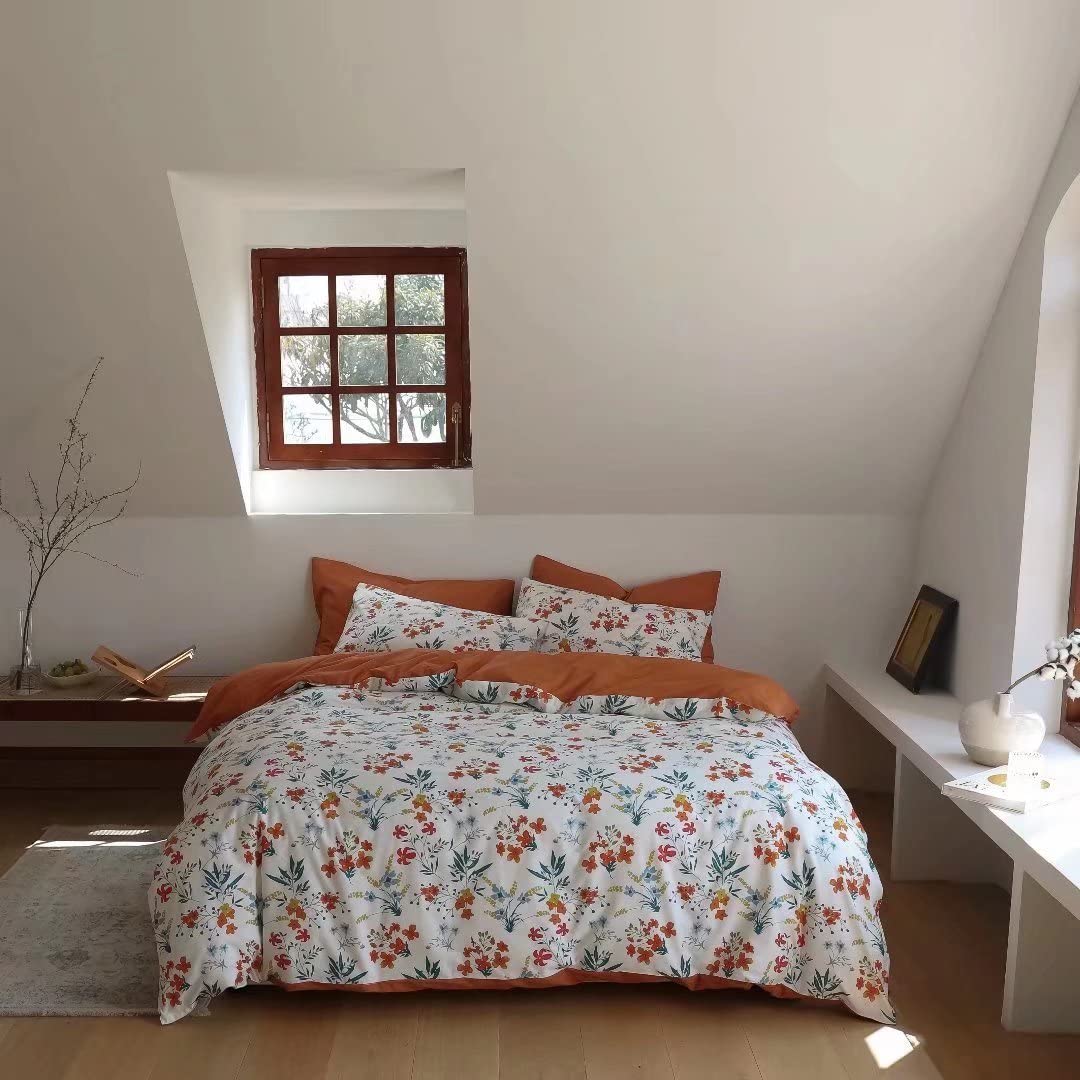 **Houseri Orange Floral Comforter Set Twin Size - Peacock Blue Botanical Bedding for Girls, Yellow Red Blue Flower Design, Pastoral Style Comforter for Toddler Girls Bedroom, Soft & Cozy for All Seasons**    *(Perfect for kids' bedrooms, guest rooms, or cozy dorm decor - adds a vibrant and cheerful touch to any space!)*