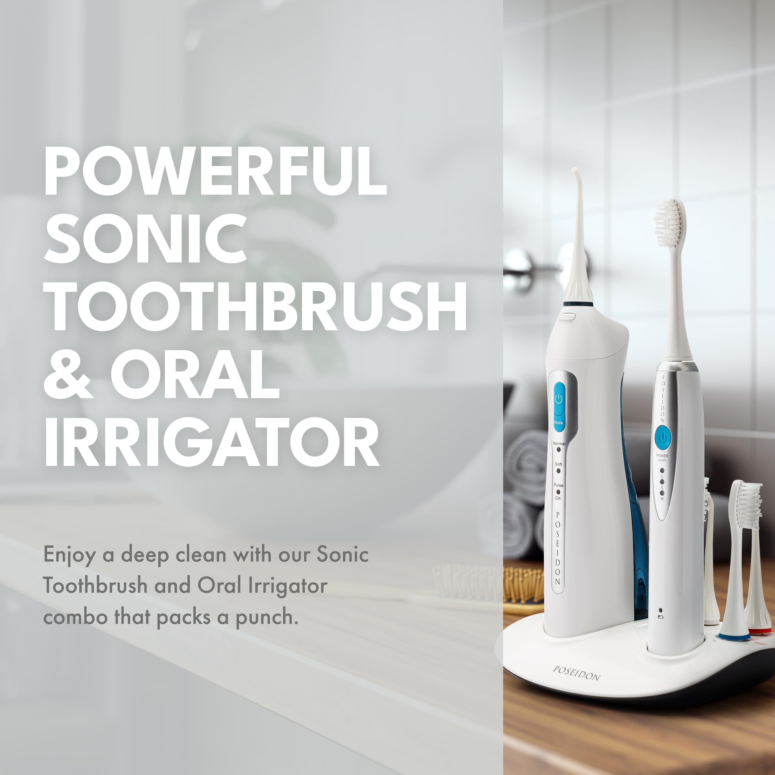 ToiletTree Poseidon Rechargeable Sonic Toothbrush & Water Flosser Combo - Electric Toothbrush with Oral Irrigator for Healthy Gums & Fresh Breath - Includes 4 Brush Heads & 3 Water Jet Tips - Perfect for Travel, Home & Family Dental Care