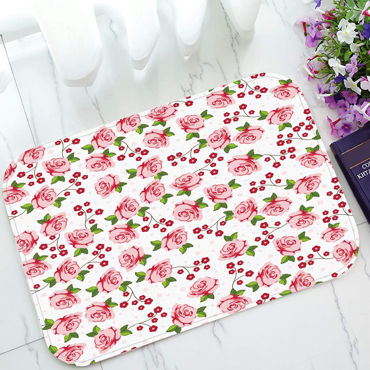 Pink Roses Welcome Doormat - Non-Slip Bath & Entrance Rug - 23.6x15.7 Inch Floral Floor Mat for Home Decor - Perfect for Front Door, Bathroom & Indoor Use