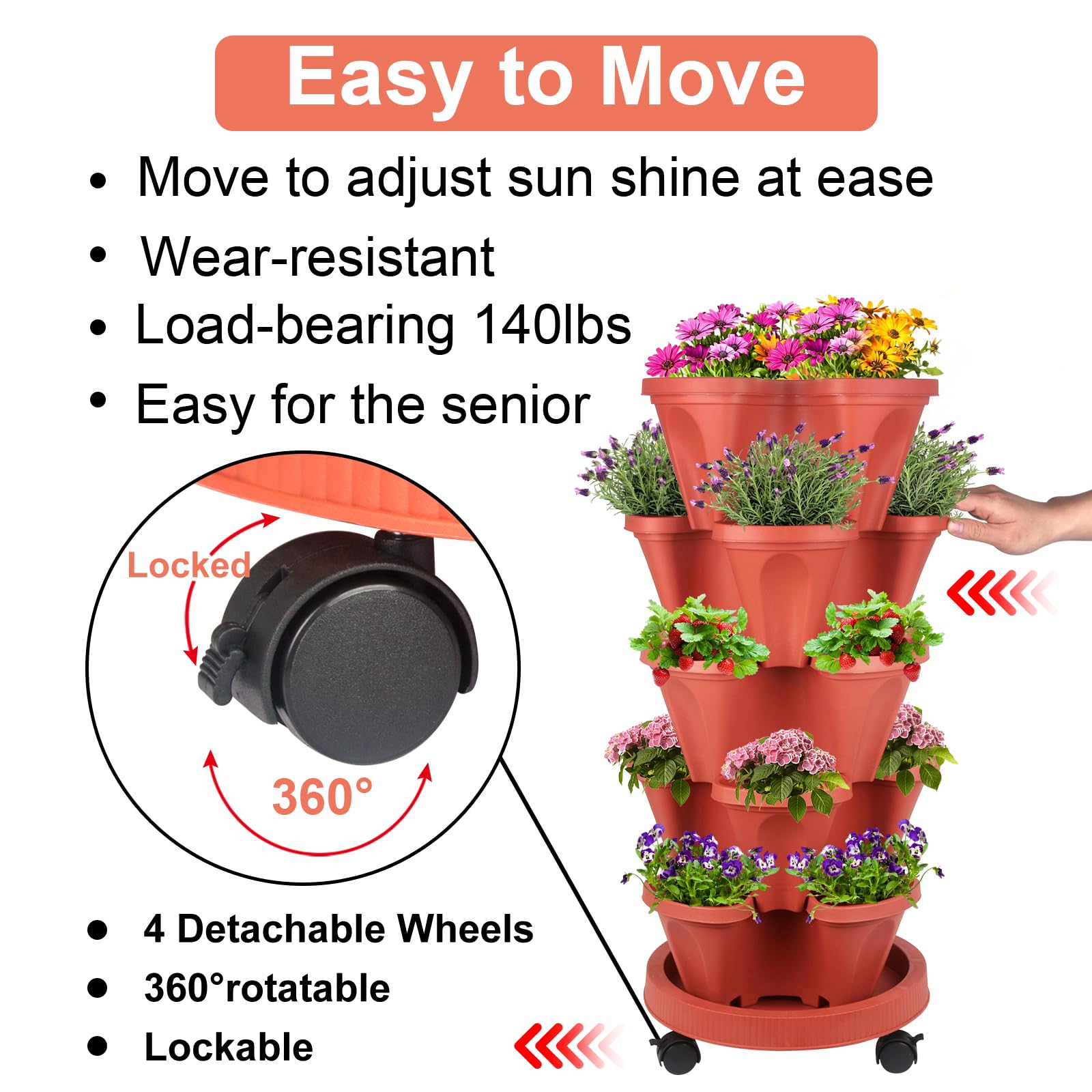 DUNCHATY 5-Tier Stackable Planter with Removable Wheels & Garden Tools - Vertical Indoor/Outdoor Flower Pots for Balcony, Patio, and Home Gardening