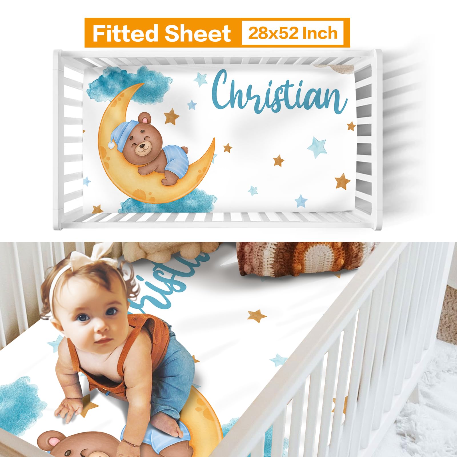 Custom Baby Crib Bedding Set with Moon Animal Design - Personalized Name Nursery Bed 3 Piece Set - Soft Blanket, Fitted Sheet & Play Mat for Newborn Boys Girls - Perfect Baby Shower Gift & Nursery Decor (Bear Theme) - Ideal for Cozy Naps, Playtime & Photo Shoots