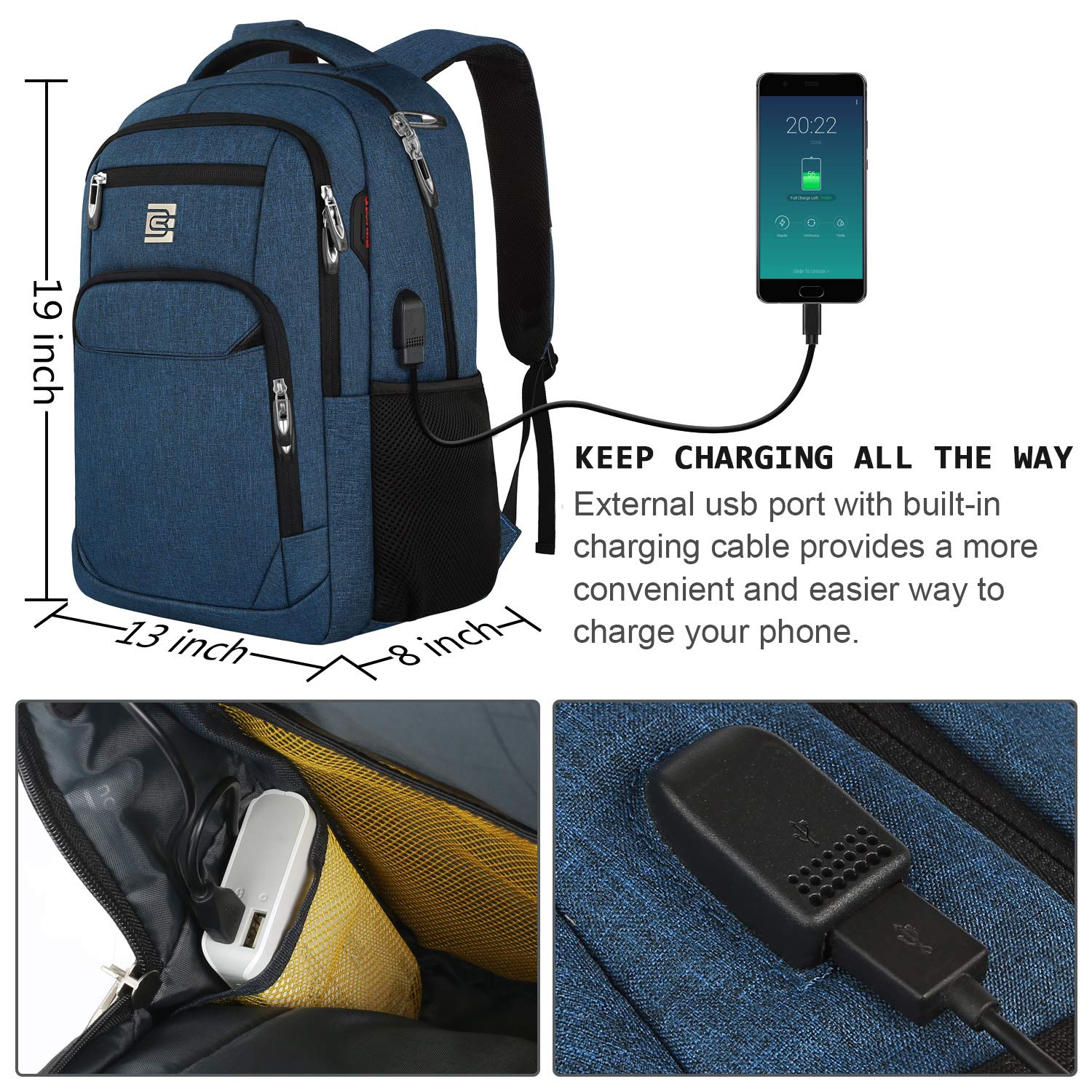 Anti-Theft Slim Laptop Backpack for Business Travel & College, Durable Water-Resistant USB Charging Bag for Women & Men, Fits 15.6 Inch Laptop & Notebook - Blue, Perfect for Work, School & Commuting