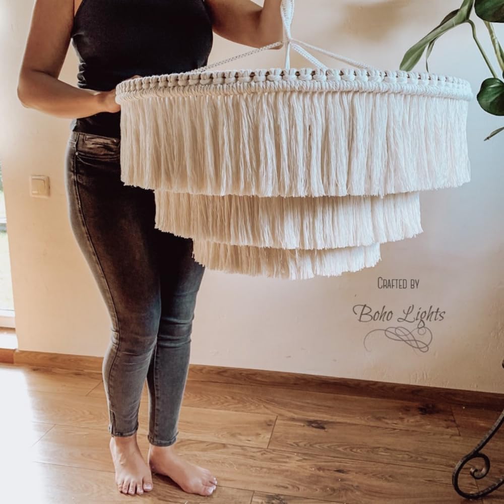 Bohemian Tassel Pendant Light - Handmade Boho Chandelier with Cotton Fringes, 23 Inch 3-Light Ceiling Fixture for Living Room, Bedroom & Dining Room Decor