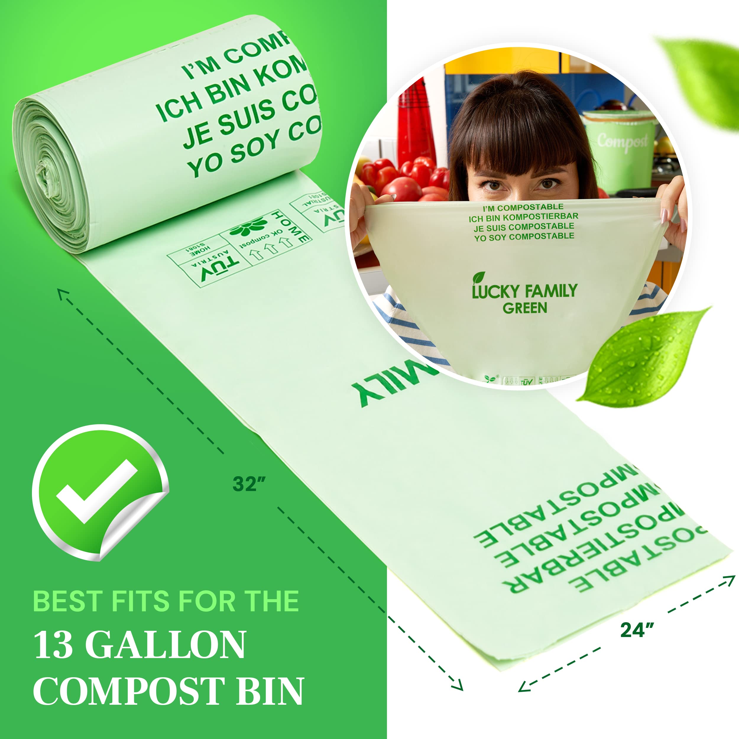 Lucky Family 13 Gallon Compostable Trash Bags - 100% Biodegradable & Eco-Friendly Kitchen Waste Bags for Food Scraps - 25 Count Roll - Perfect for Countertop Compost Bins, Organic Waste Disposal & Sustainable Living