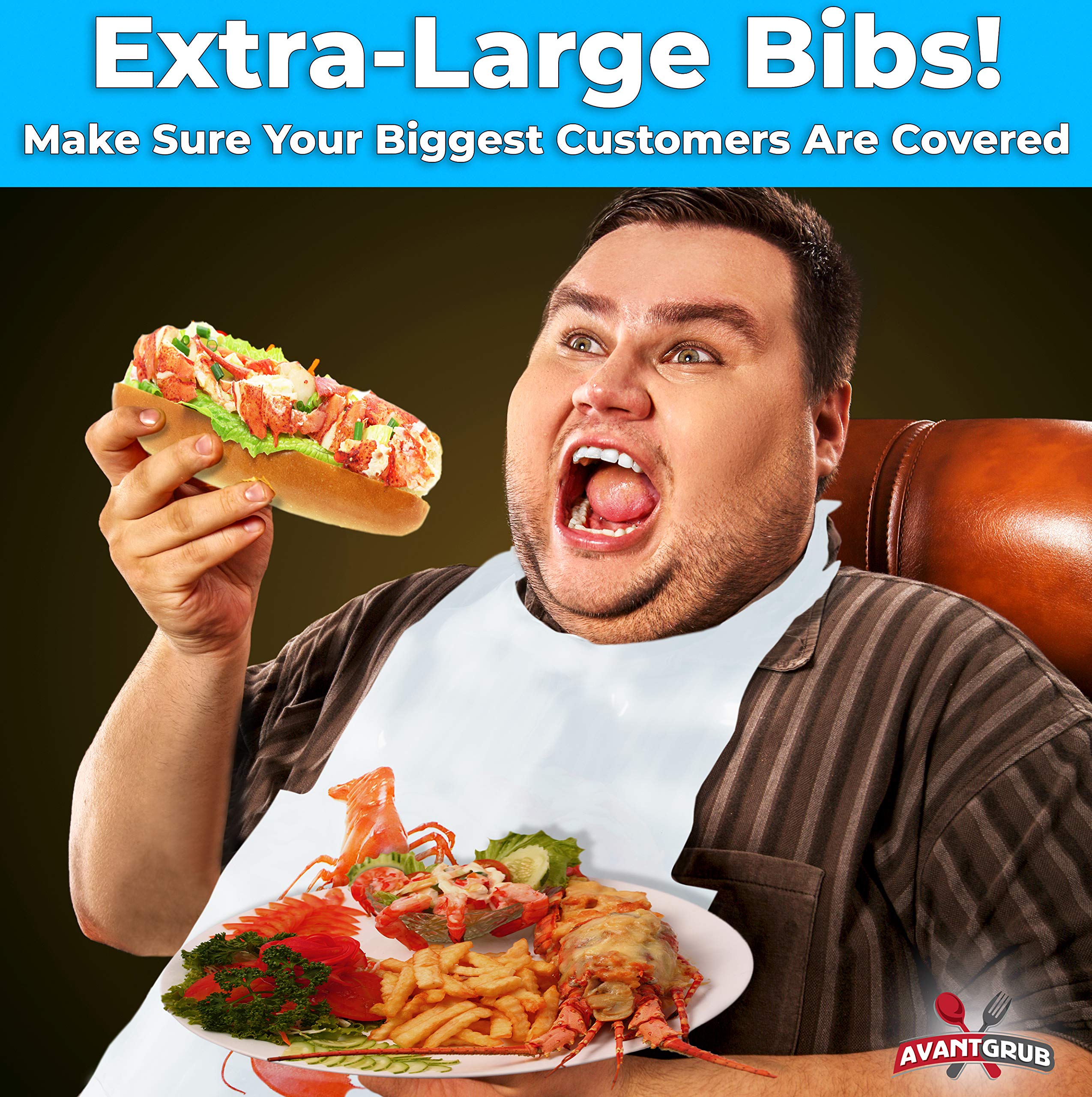 Avant Grub Heavy Duty Lobster Bibs 25 Pack - Large Disposable Plastic Tie-Back Bibs for Adults | Waterproof & Durable Seafood Dining Bibs for Crab, Lobster, Shrimp & Messy Meals | Perfect for Restaurants, Parties & Outdoor BBQs