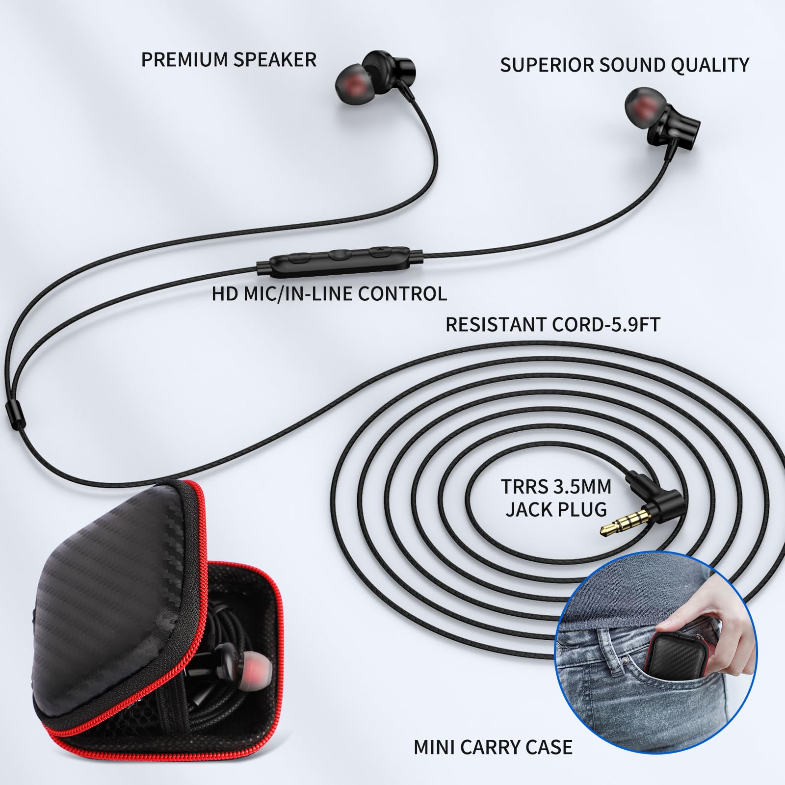 ASKUBSKU 3.5mm Wired Earbuds with Microphone - 5.9ft Tangle-Free Cord, Noise Cancelling Headphones, HiFi Stereo Sound & Volume Control - Perfect for Laptop, Chromebook, PC, Gaming & Office Work