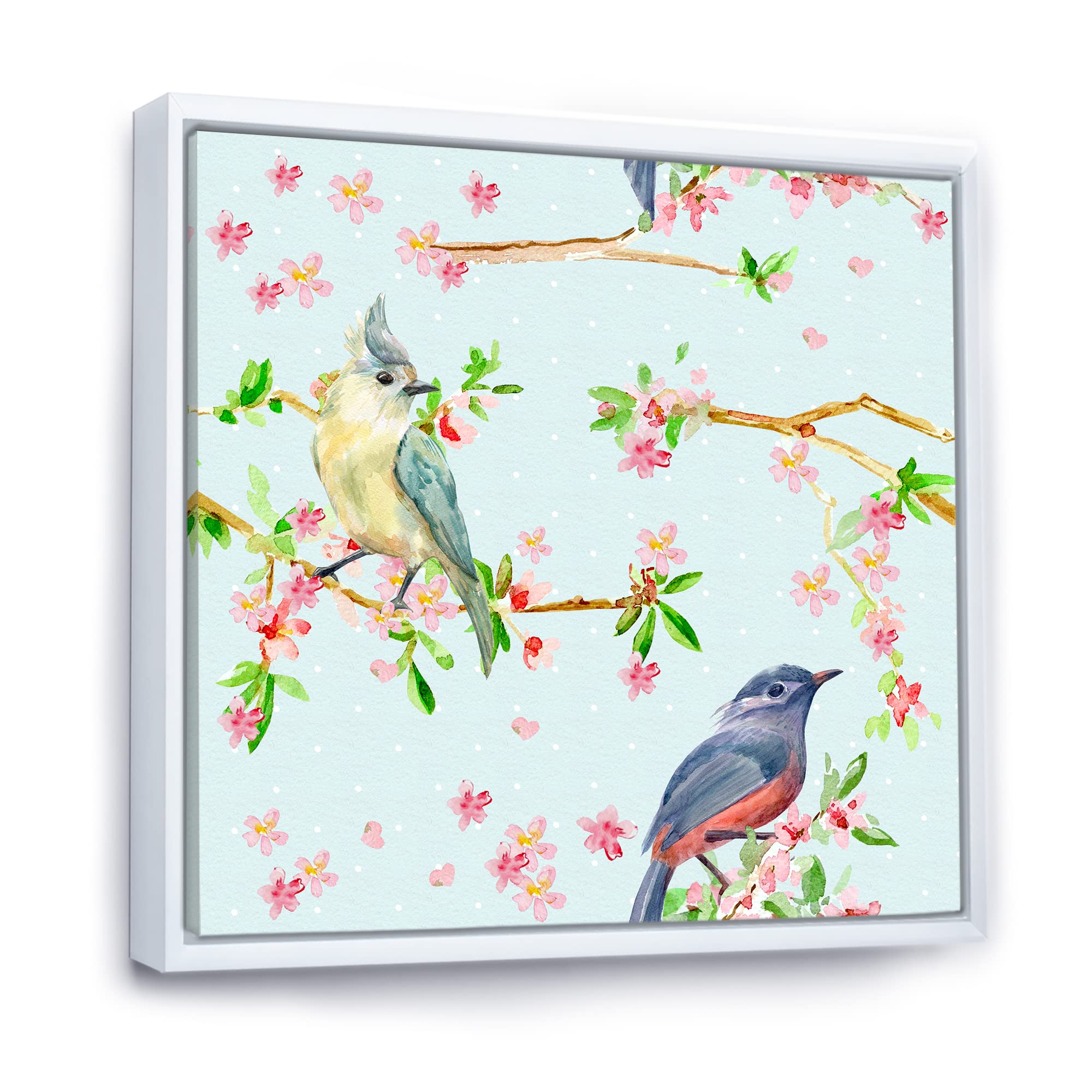 Blue Flowers and Birds Traditional Framed Canvas Wall Art Print - Elegant Home Decor for Living Room, Bedroom & Office