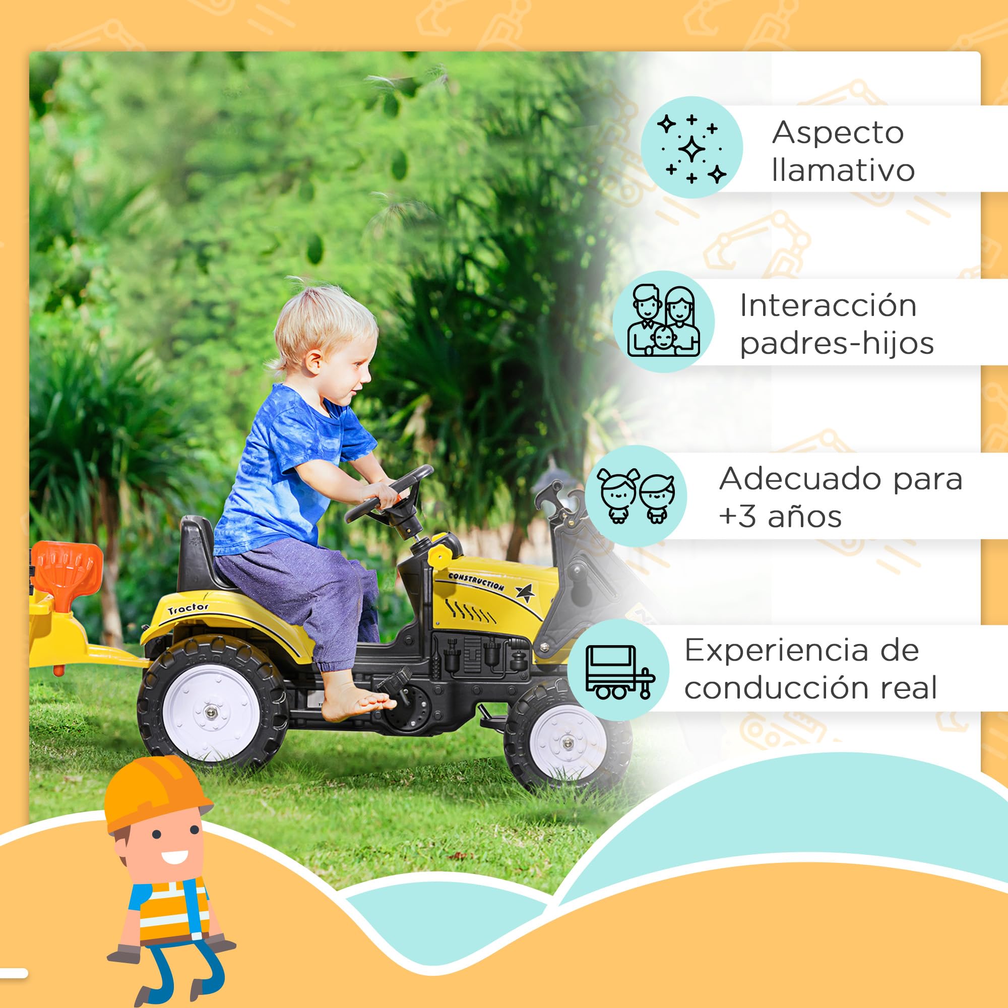 HOMCOM Kids Pedal Tractor Toy for 3 Year Old Boys & Girls - Yellow Ride-On Excavator with Detachable Trailer & Front Loader, 35kg Capacity (167x41x52cm) - Perfect for Outdoor Play, Birthday Gifts & Backyard Fun
