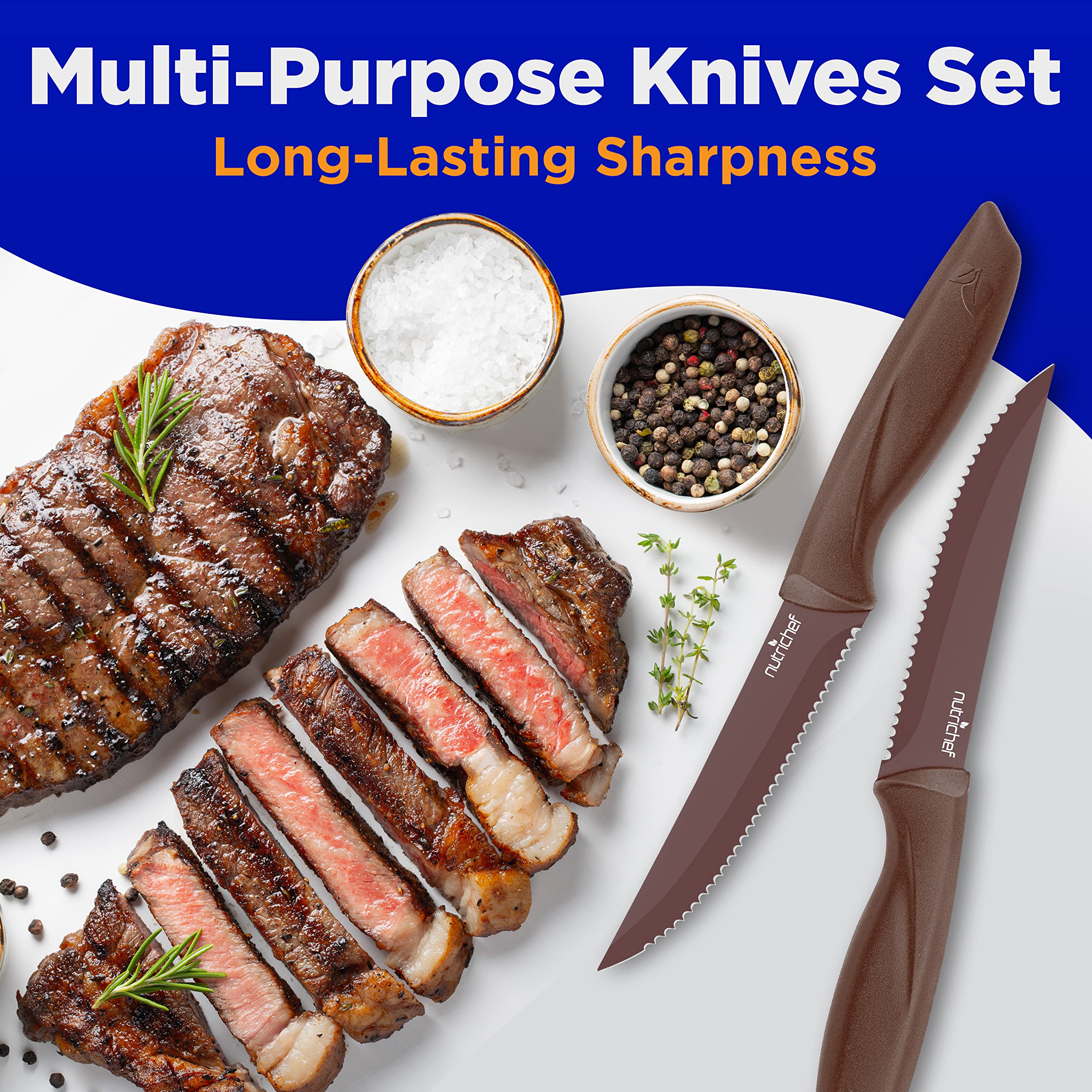 NutriChef 8-Piece Stainless Steel Kitchen Knife Set - Ergonomic Non-Stick Multi-Purpose Knives with Serrated Blades for BBQ, Grilling & Food Prep - Durable Unbreakable Steak Knives (NCSK8BW, Brown)