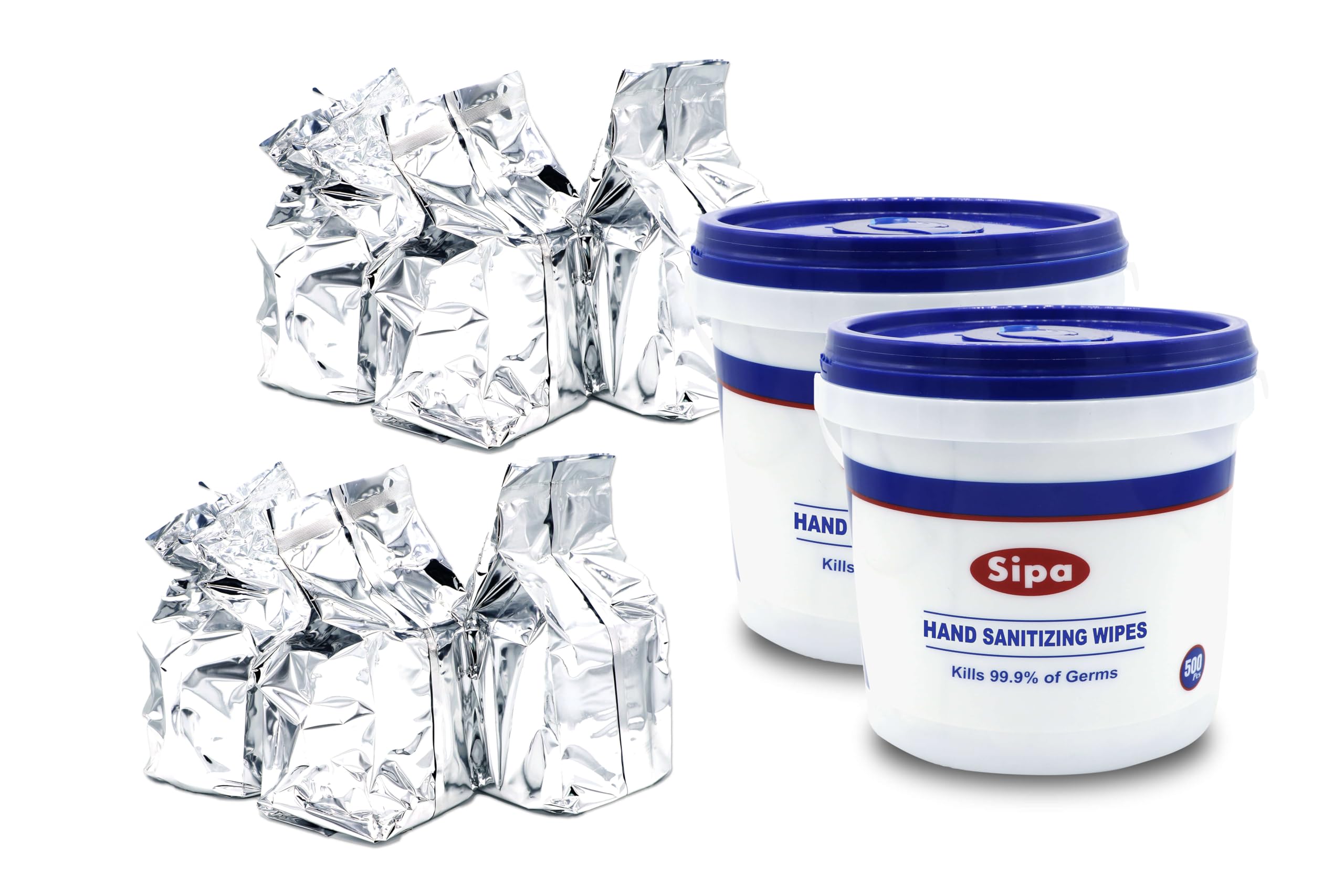 SIPA Hand Sanitizing Wipes - 500 Count Bulk Pack (2 Buckets + 6 Refills) | Alcohol-Based Disinfecting Wipes for Home, Office & Travel | Kills 99.9% Germs