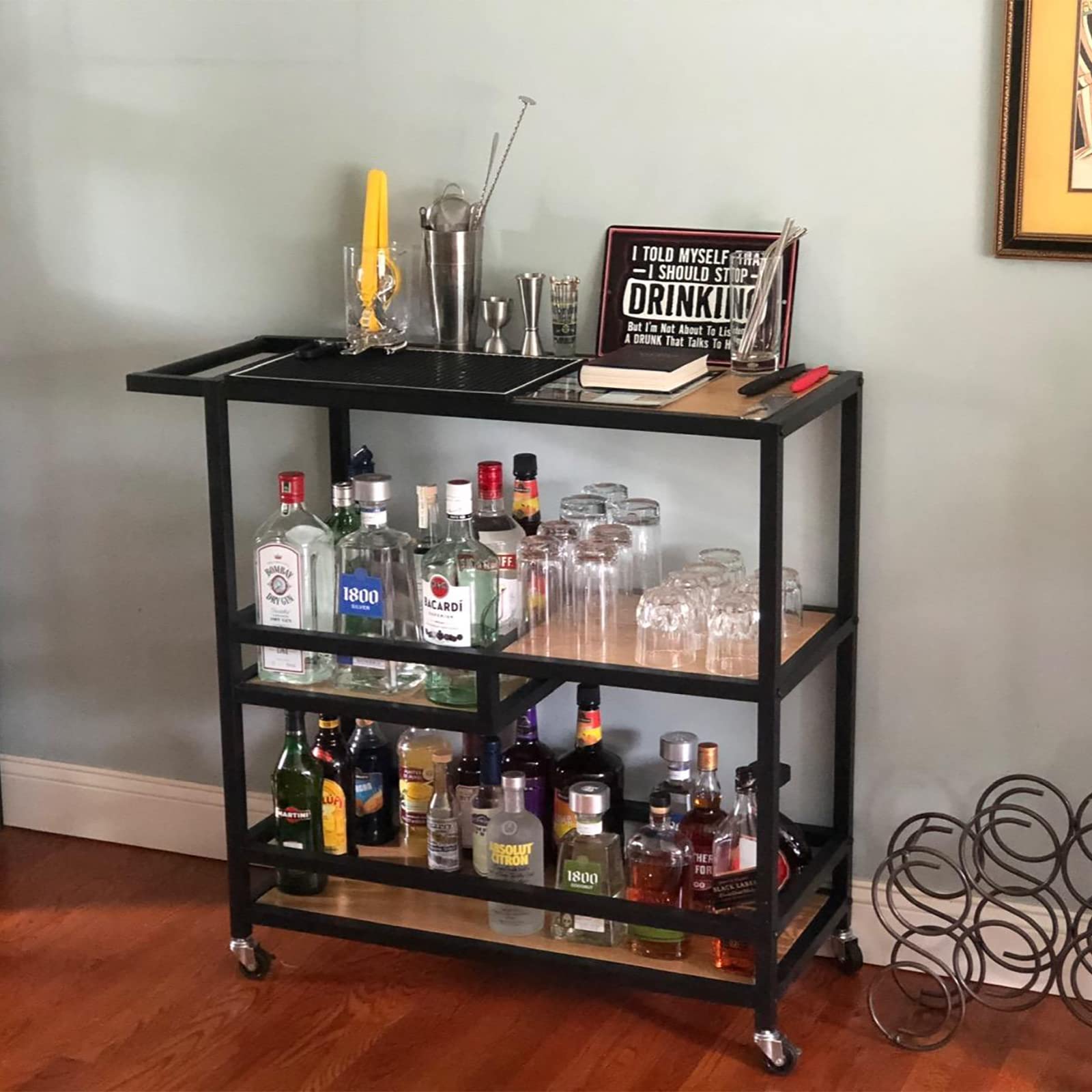3-Tier Rolling Bar Cart with Wheels - Industrial Modern Rustic Wood & Metal Kitchen Serving Cart for Coffee, Wine & Storage - Black | Perfect for Home Bars, Dining Rooms & Entertaining Spaces