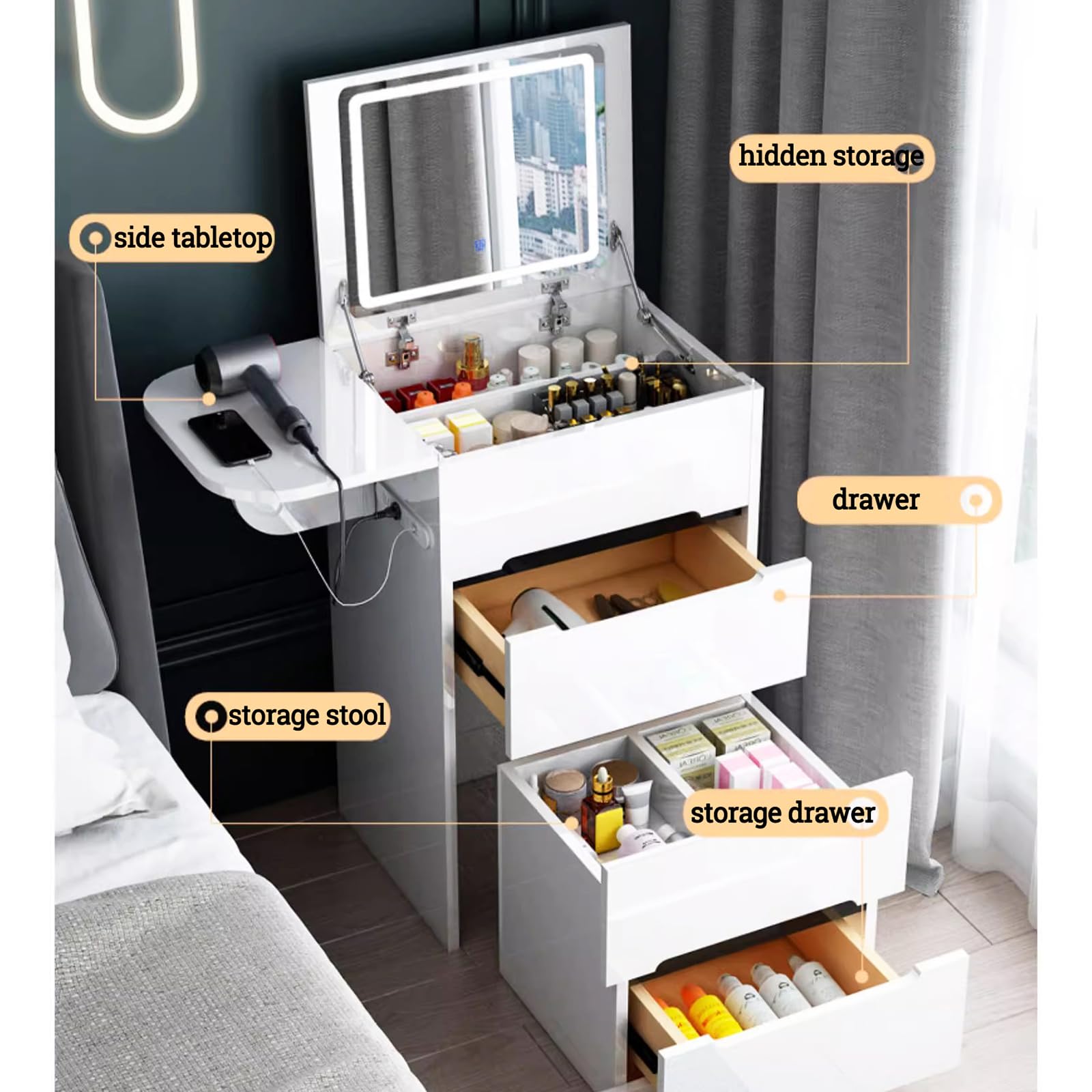 Modern LED Vanity Desk with Mirror & Storage - White Makeup Dressing Table for Bedroom