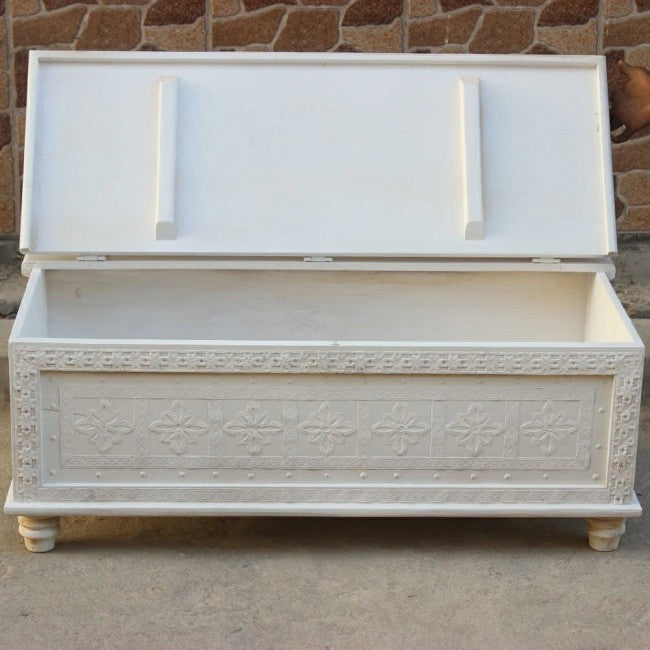 Hand Carved Floral Blanket Box - White Wooden Storage Chest for Blankets, Pillows & Linens | Perfect for Bedroom, Nursery & Home Decor Organization