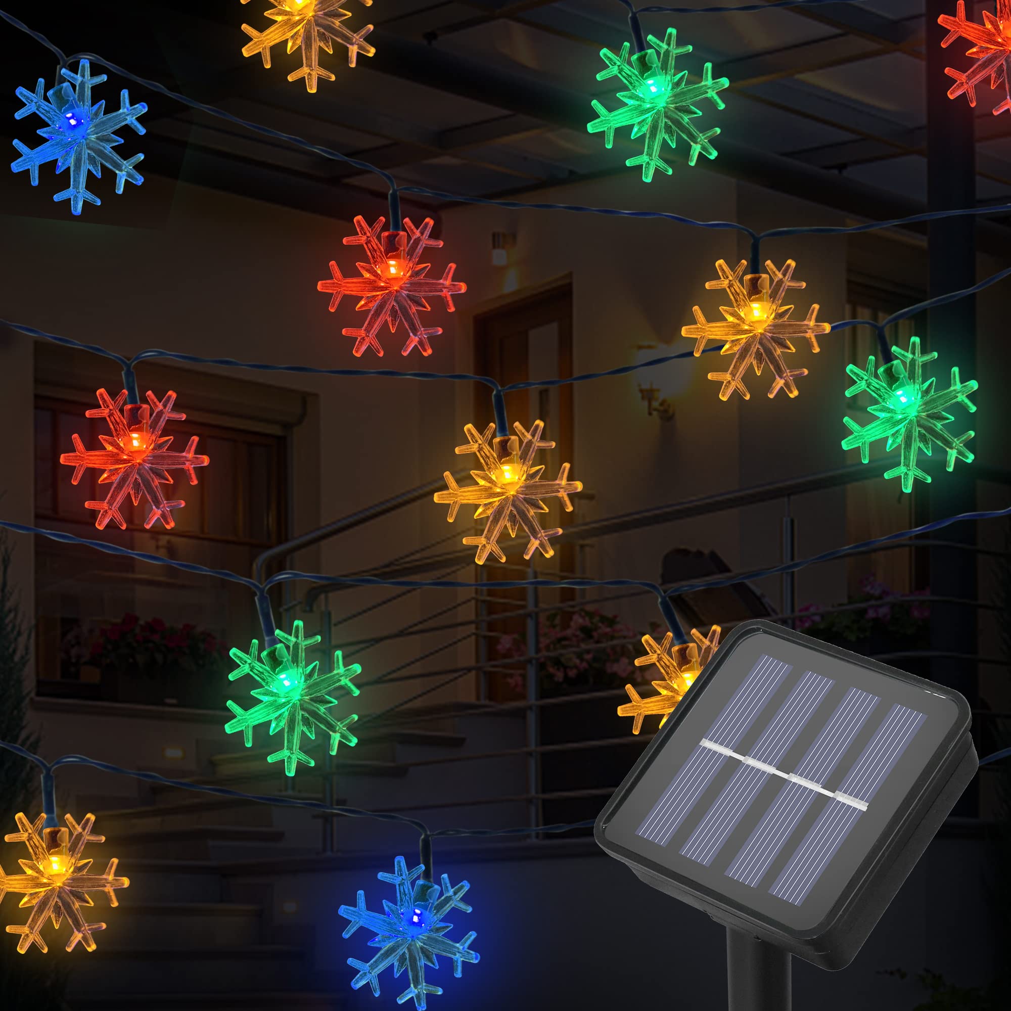 Solar Christmas Lights - 30 Ft 50 LED Snowflake String Lights with 8 Modes, Waterproof Outdoor Xmas Decor for Garden, Party & Holiday Decorations (Colorful) - Perfect for Roof, Yard, Fence & Patio Lighting