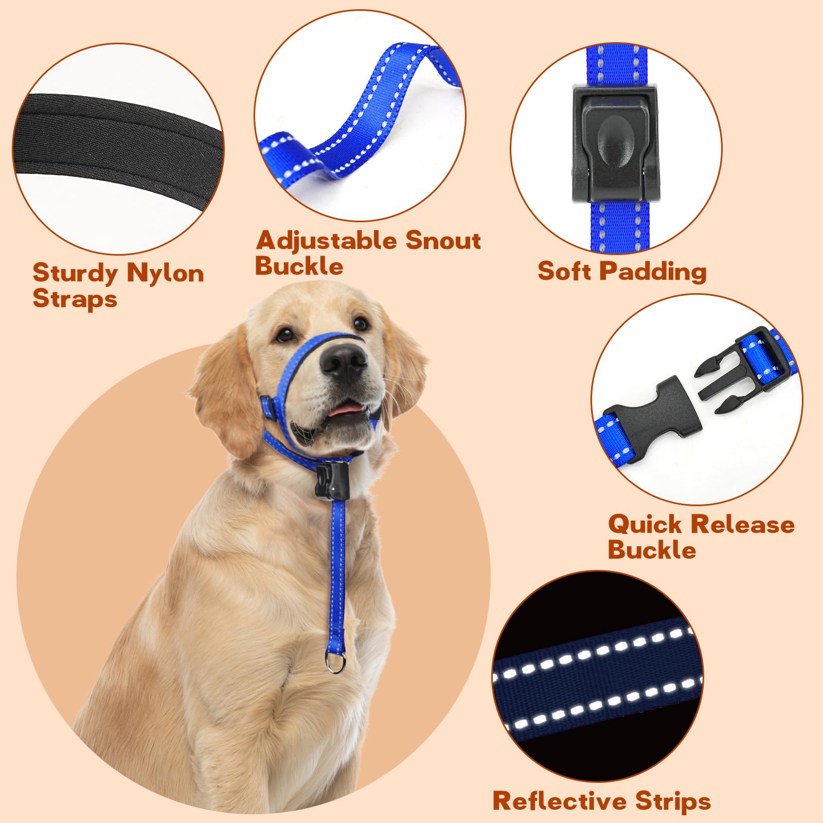 No Pull Gentle Leader Soft Padded Dog Head Halter Collar - Adjustable Training Leash for Small, Medium & Large Dogs - Reflective & Comfortable for Better Control - Perfect for Walking, Training & Outdoor Adventures (Blue, Size 4)
