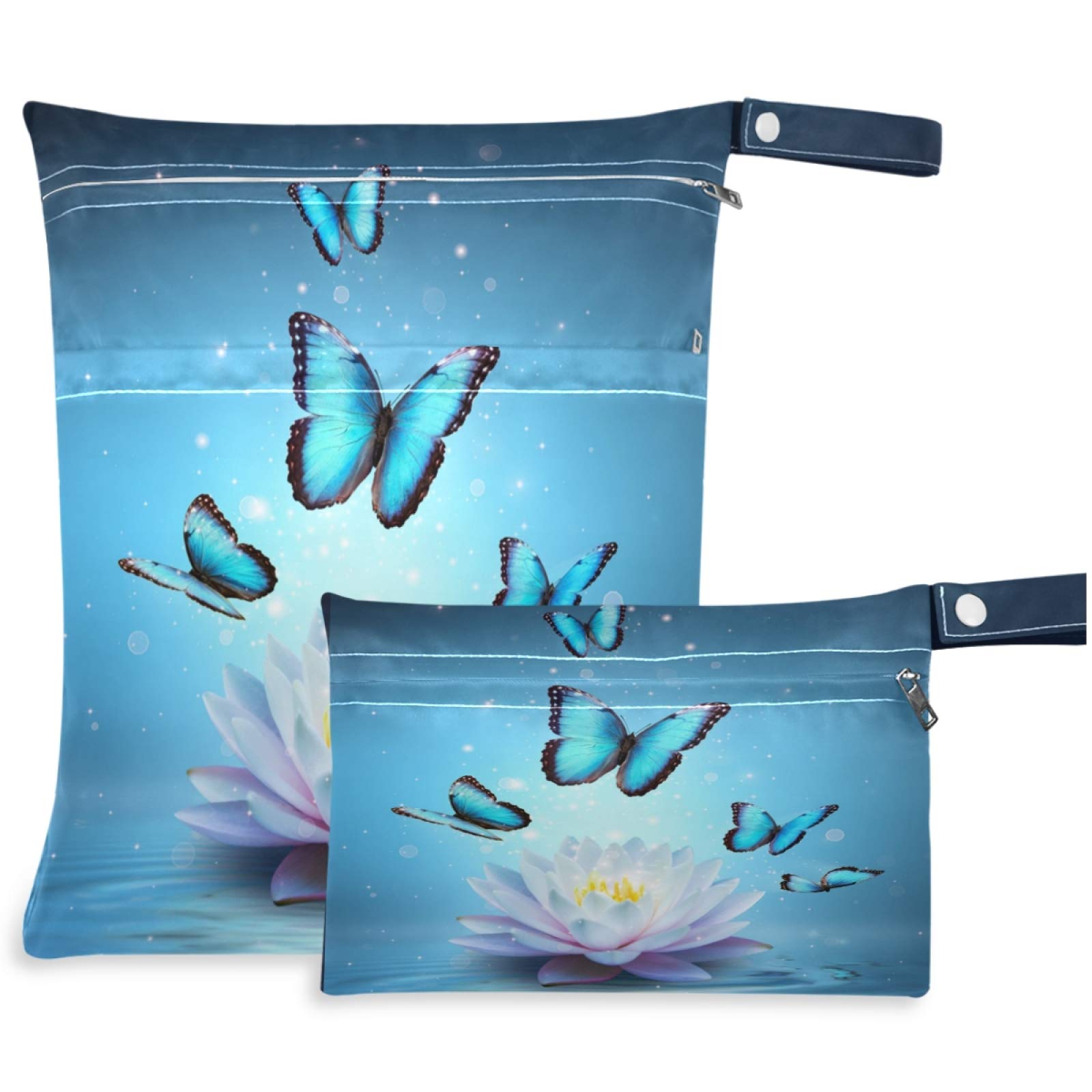 Visesunny Blue Butterfly Lotus 2Pcs Wet Bags - Waterproof Reusable Zippered Pouch for Travel, Beach, Pool, Gym & Daycare | Perfect for Wet Swimsuits, Dirty Clothes, Diapers & Toiletries | Compact & Washable for Strollers & On-the-Go Use