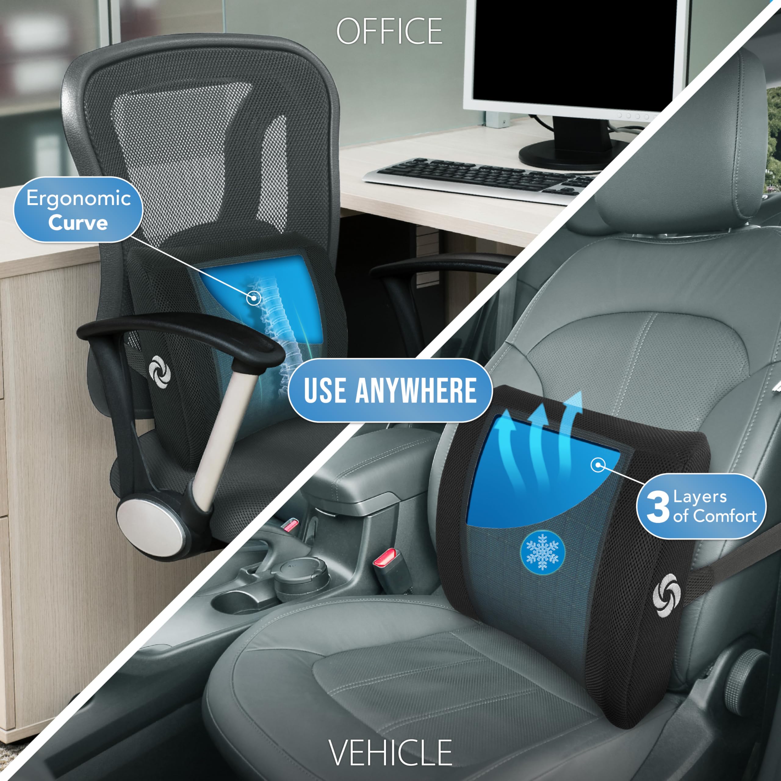 Samsonite Cooling Gel Lumbar Support Pillow - Memory Foam Office Chair & Car Seat Cushion with Breathable Mesh & Washable Cover for Lower Back Comfort - Perfect for Work, Travel & Long Drives