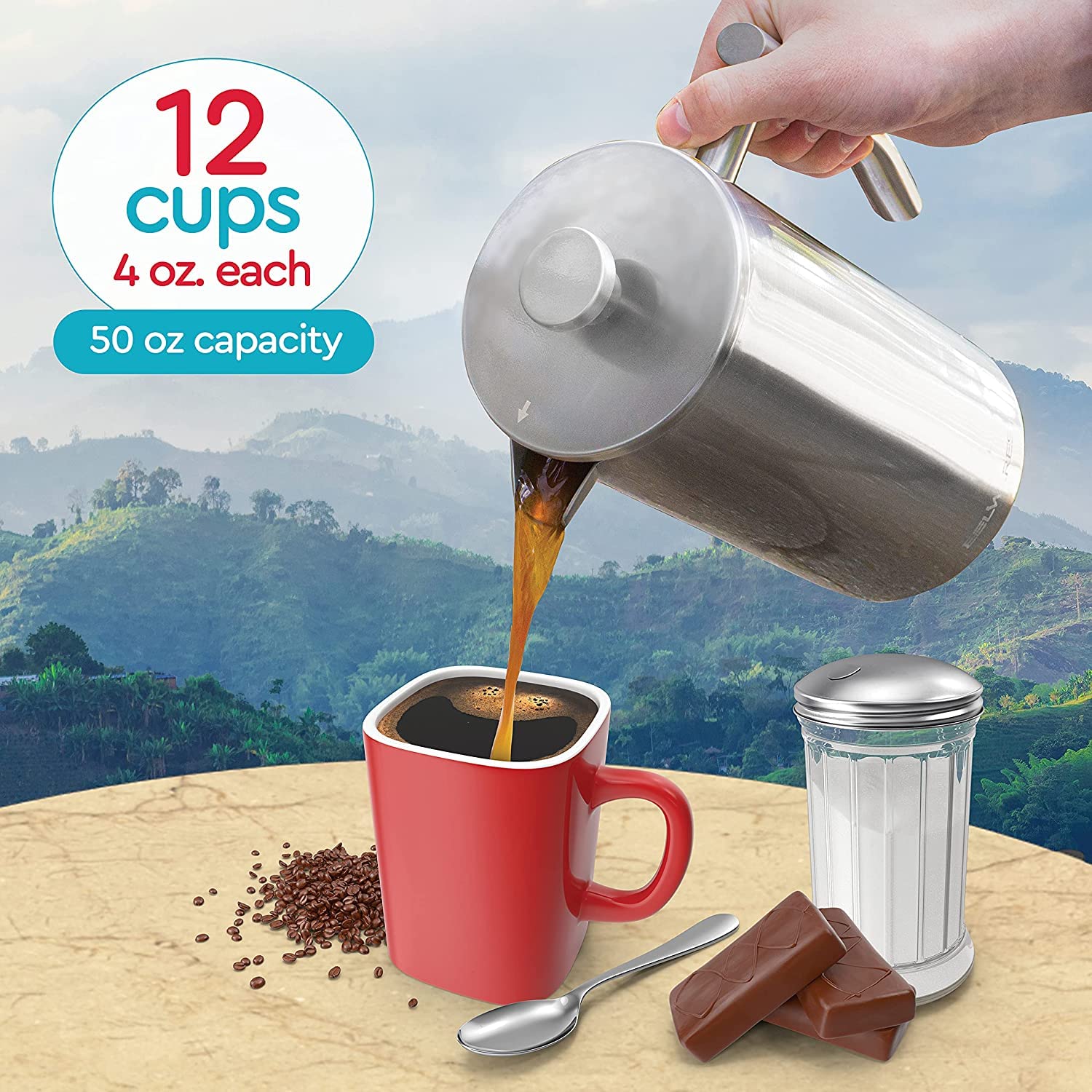 Belwares 50 Oz French Press Coffee Maker - Stainless Steel 304 Insulated Coffee Press with Double Wall & 4-Stage Filtration System (1.5L, Silver) - Perfect for Home, Office, Camping & Gifts