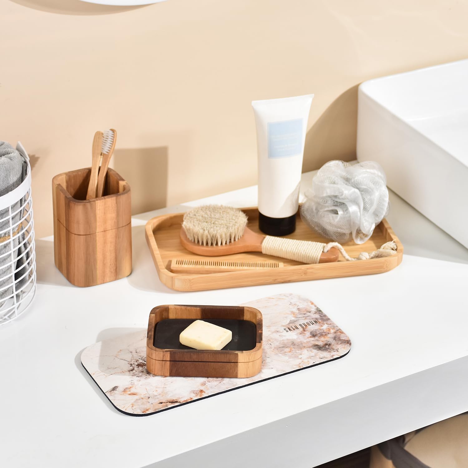 Premium Bamboo Vanity Tray & Dish Drying Mat - 11.8