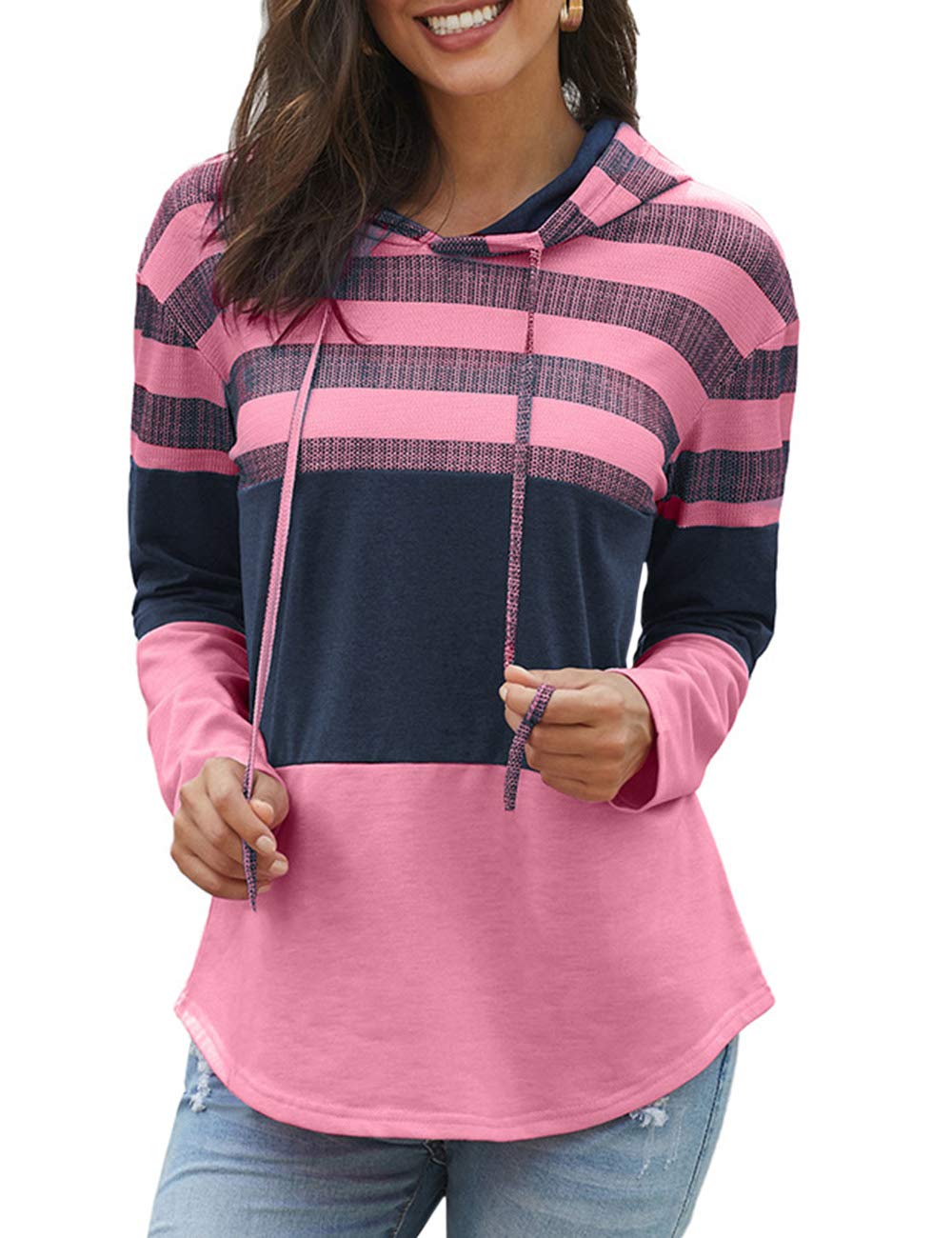 Sexyshine Women's Long Sleeve Color Block Hoodie - Striped Funnel Neck Pullover Sweatshirt for Casual Wear, Fall Fashion & Outdoor Activities
