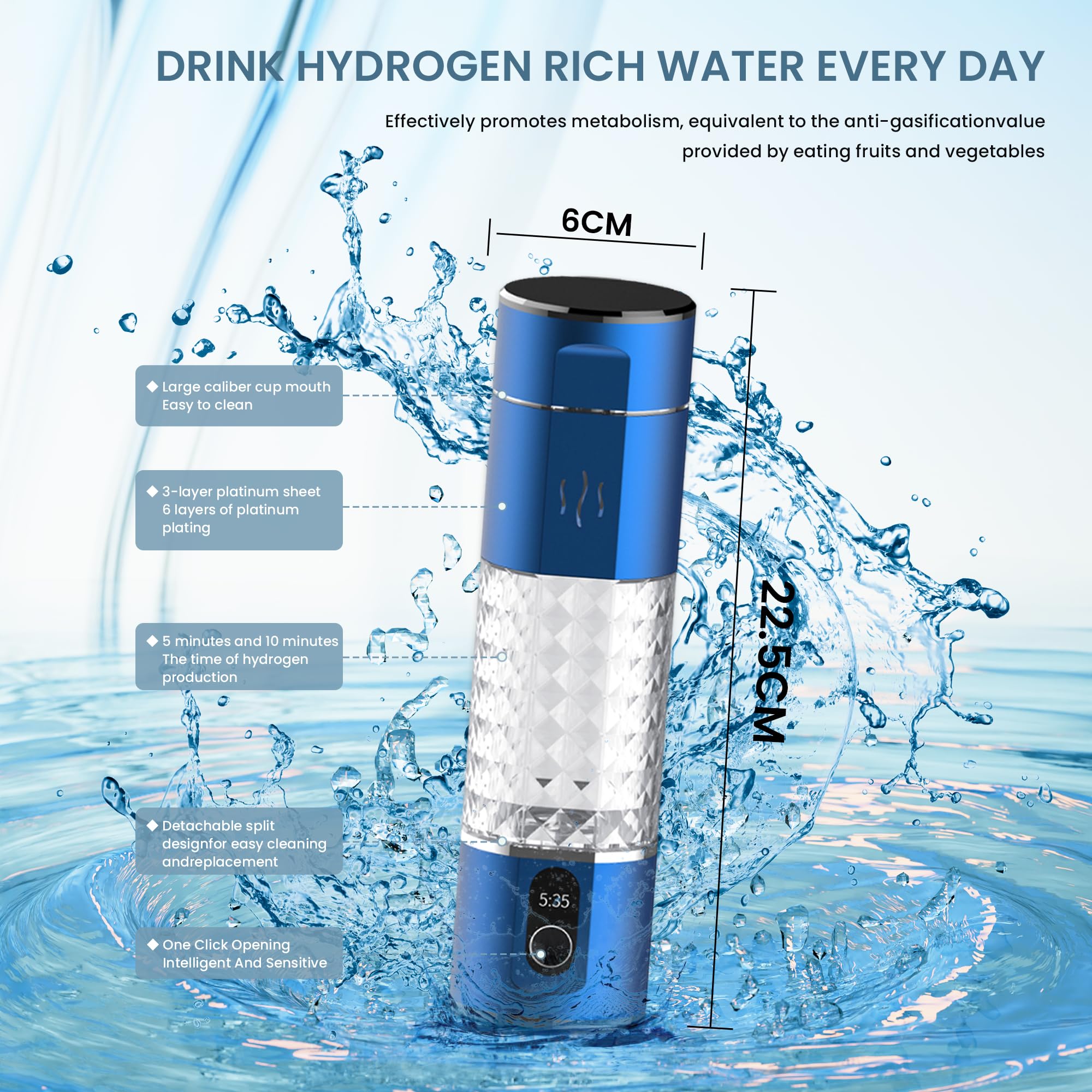 Alkadrops Hydrogen Rich Water Bottle - 5000ppb H2 Generator, Portable Rechargeable Hydrogen Water Machine for Home & Office, 290ml Capacity, 5-Min Quick Electrolysis (Blue, Model ALH16B) | Perfect for Hydration On-The-Go, Gym Workouts & Healthy Lifestyle