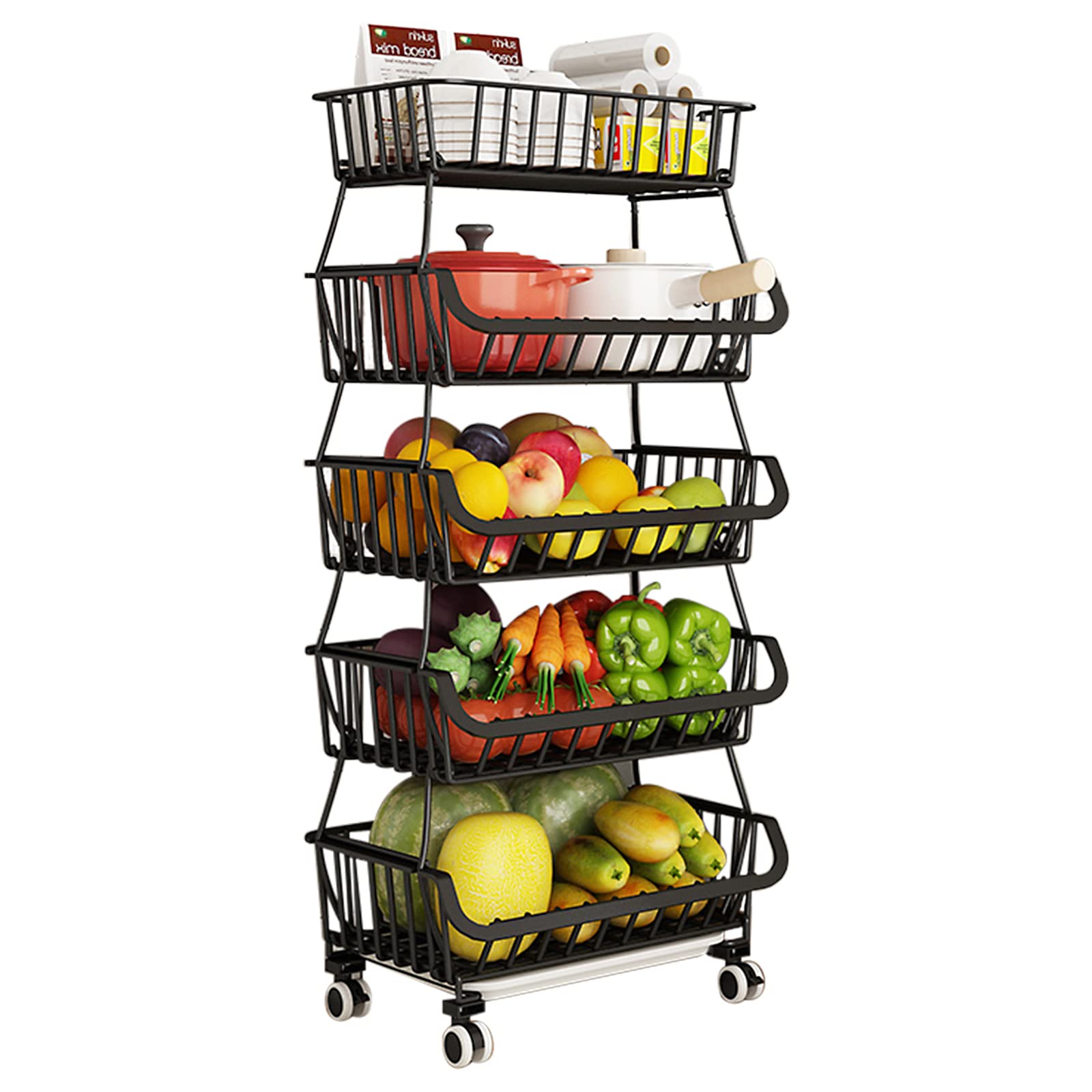BRIAN & DANY 5-Tier Metal Wire Fruit and Vegetable Storage Basket - Space Saving Kitchen Organizer for Countertop, Pantry & Refrigerator