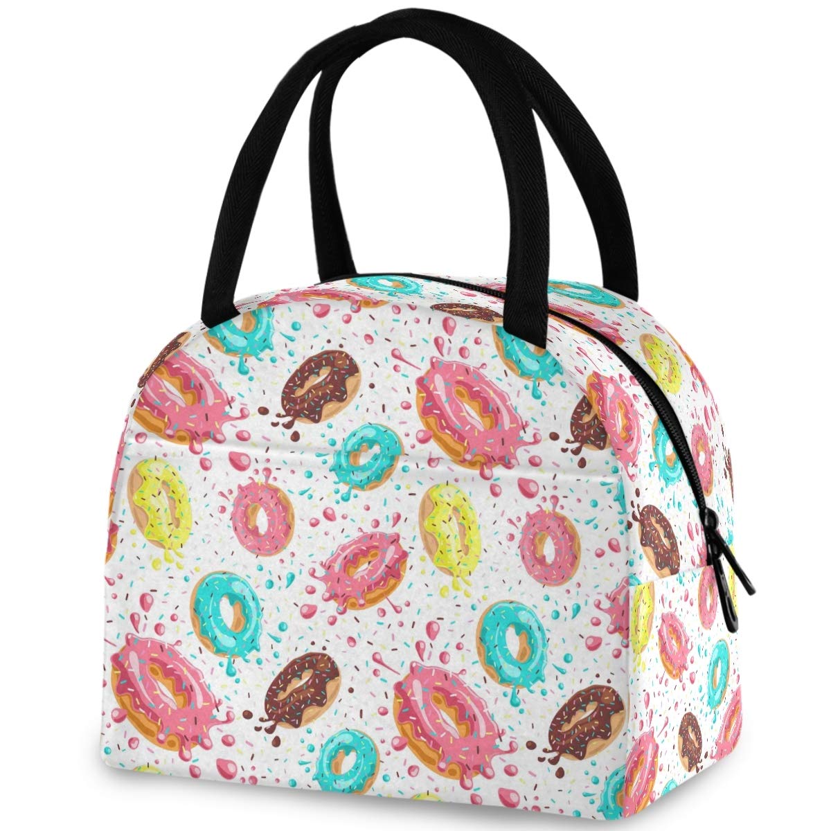 Colorful Splashed Donuts Insulated Lunch Tote Bag with Front Zipper Pocket - Reusable Cooler Container for Work, Picnic, Beach & Fishing - Perfect for Men & Women