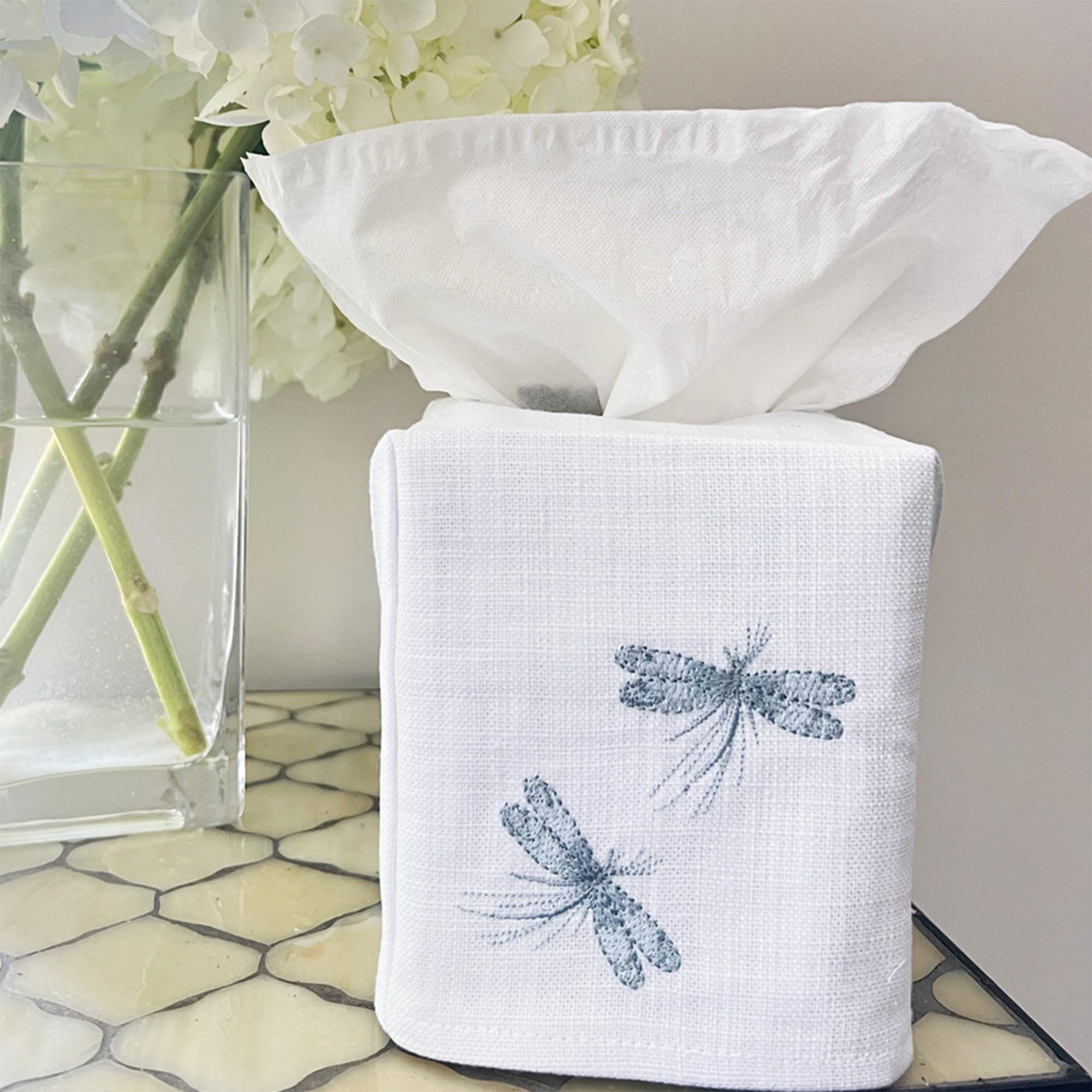 Jacaranda Living Square Luxury Linen Tissue Box Cover – Embroidered Dragonflies in Duck Egg Blue | Handcrafted Home Decor for Bedroom, Bathroom, Office & Living Room | Elegant Tissue Holder for Home & Office Organization