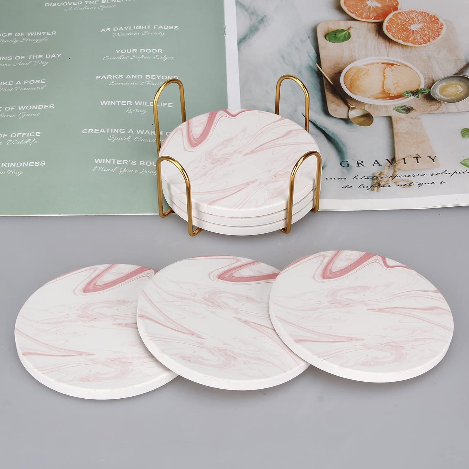 Pink Marble Coasters Set of 6 - Absorbent Ceramic Drink Coasters with Holder for Coffee, Tea & Beverages - Elegant Home Decor for Kitchen, Bar, Office & Dining Table - Perfect Gift Idea for Housewarming & Hostess