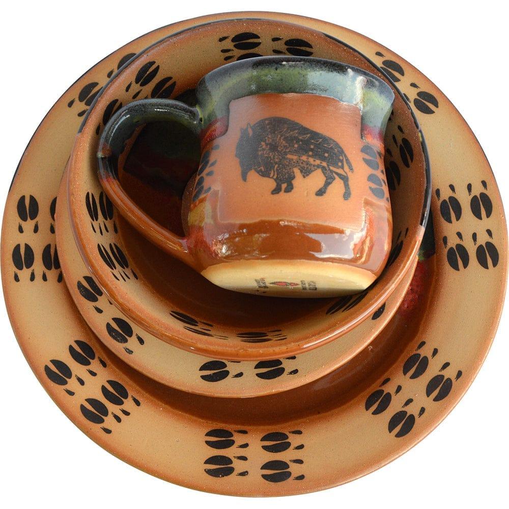 Buffalo Tracks Dinnerware Set - Rustic Western Style Plates, Bowls & Mugs for Cowboy Themed Dining & Camping