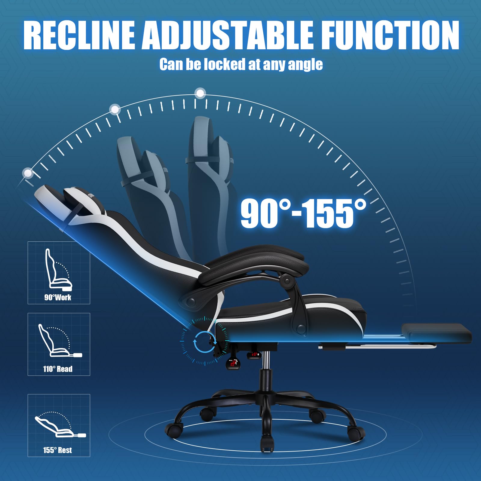GTPLAYER Ergonomic Gaming Chair with Adjustable Footrest - Height Adjustable Computer Gaming Chair for Adults & Kids, 90-155° Recline, Removable Headrest & Lumbar Support (Carbon Black-White) - Perfect for PC Gaming, Office Work & Home Entertainment