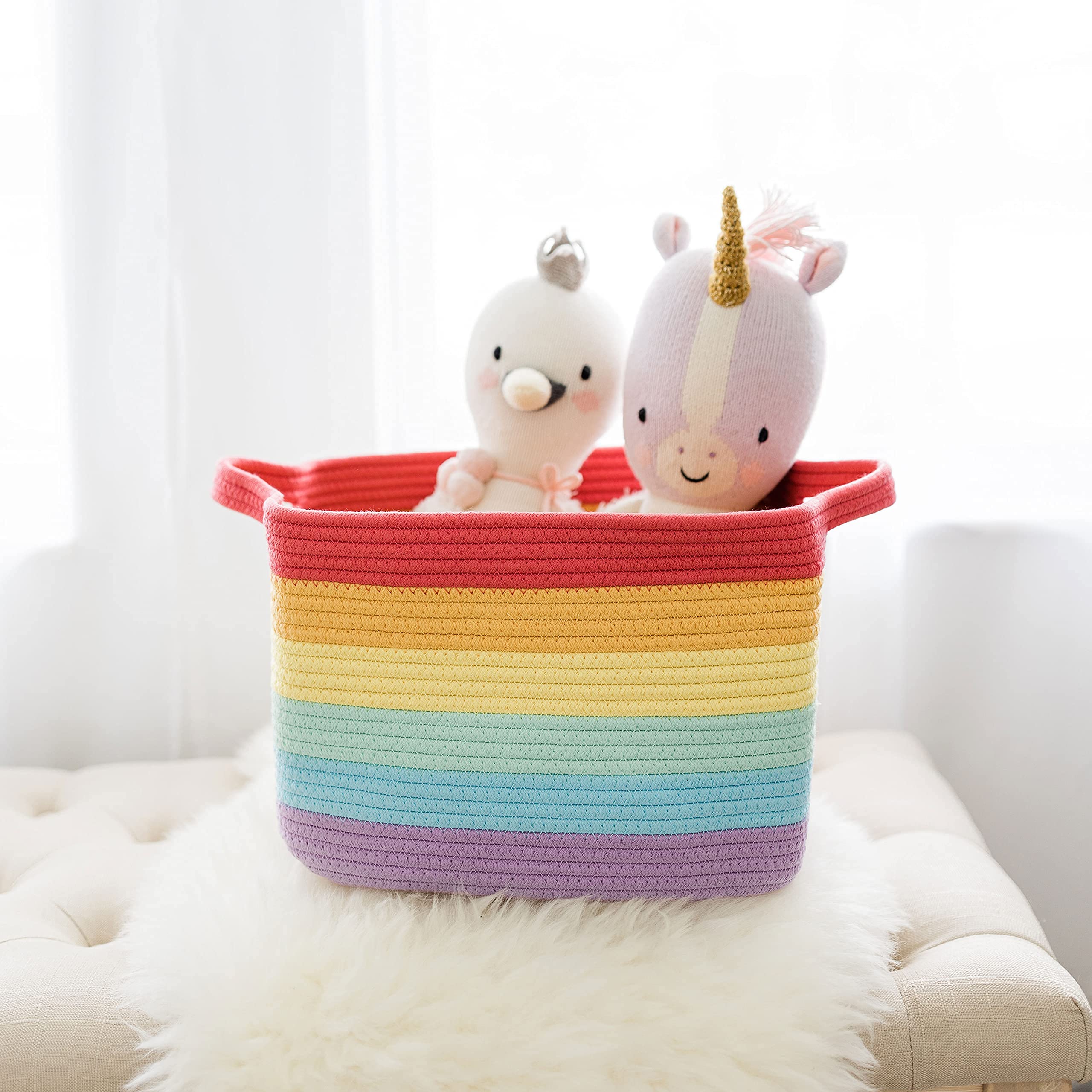 OrganiHaus Cotton Rope Storage Basket for Kids Room - 14x9 Inch Woven Toy Organizer, Decorative Baby Bin, Magazine Holder - Perfect for Nursery Shelves, Playroom Organization & Rainbow-Themed Decor