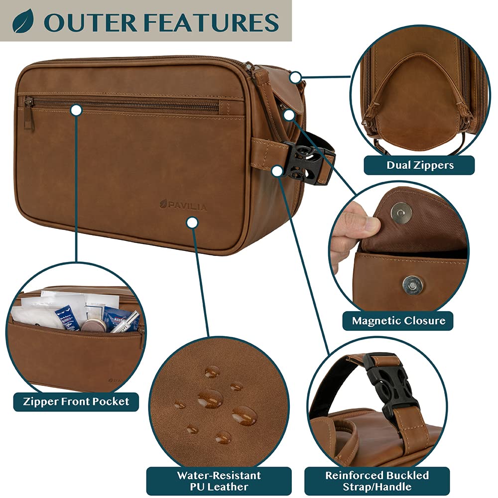 PAVILIA Men's Travel Toiletry Bag - XL PU Leather Water-Resistant Dopp Kit for Shaving & Grooming Essentials | Perfect for Business Trips, Camping & Gym (Brown)