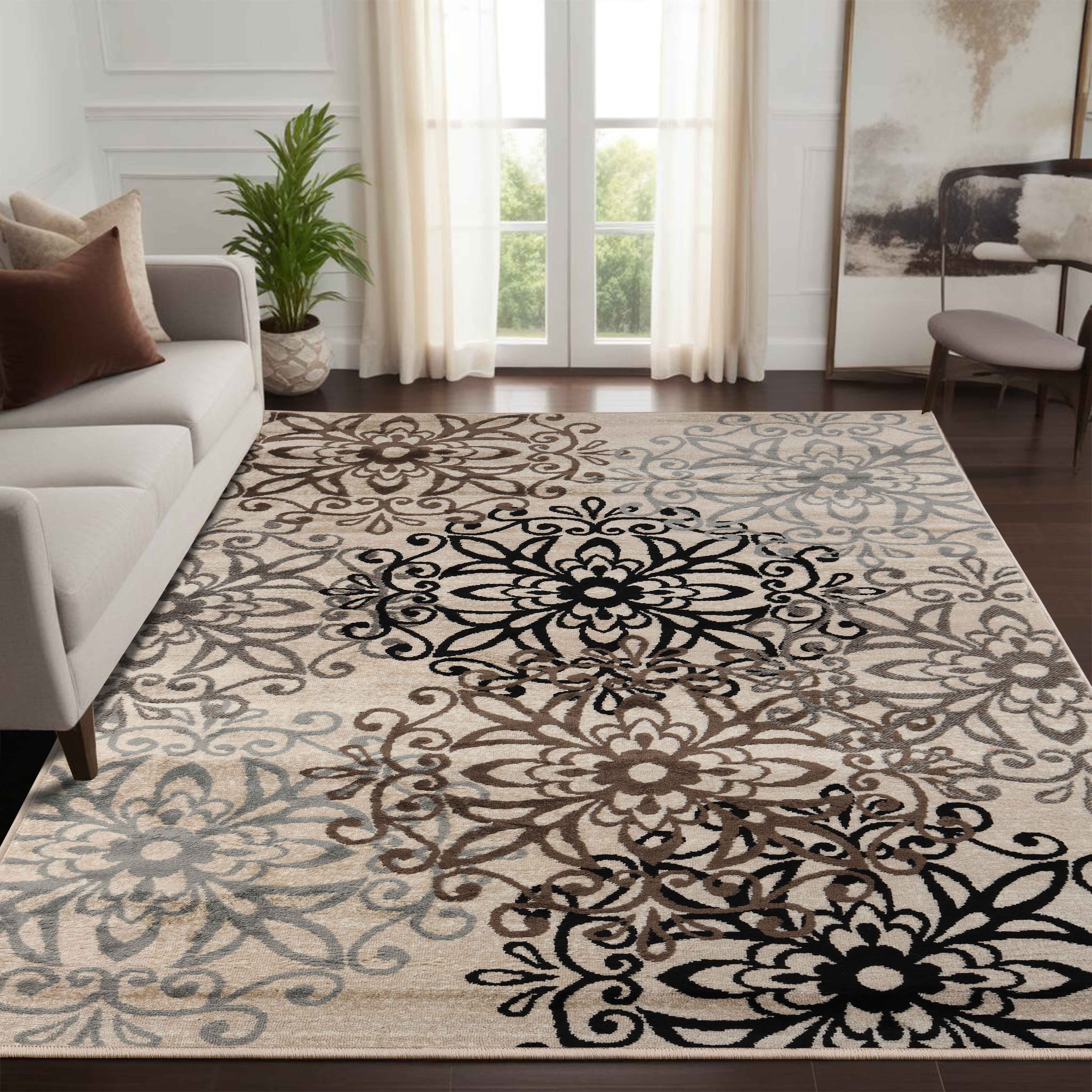 Leigh Traditional Floral Scroll Indoor Area Rugs & Runner Rugs - Non-Slip Soft Living Room Bedroom Decor Carpet
