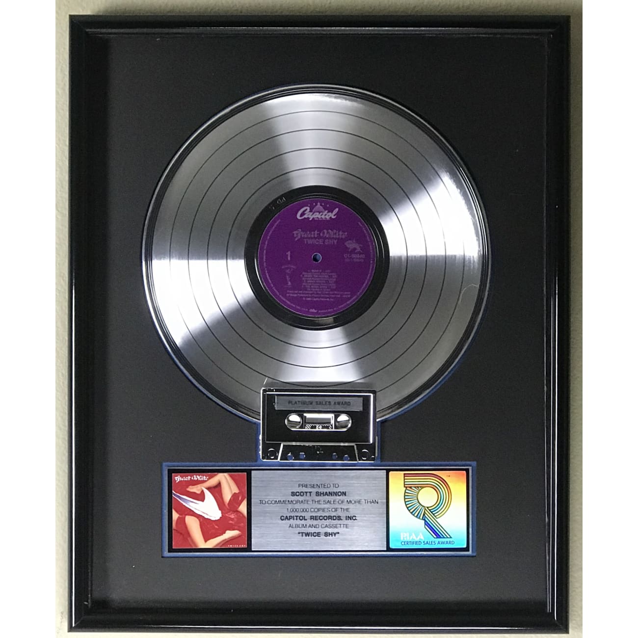Great White - Twice Shy RIAA Platinum Album Award - Vintage Music Collectible for Fans & Display