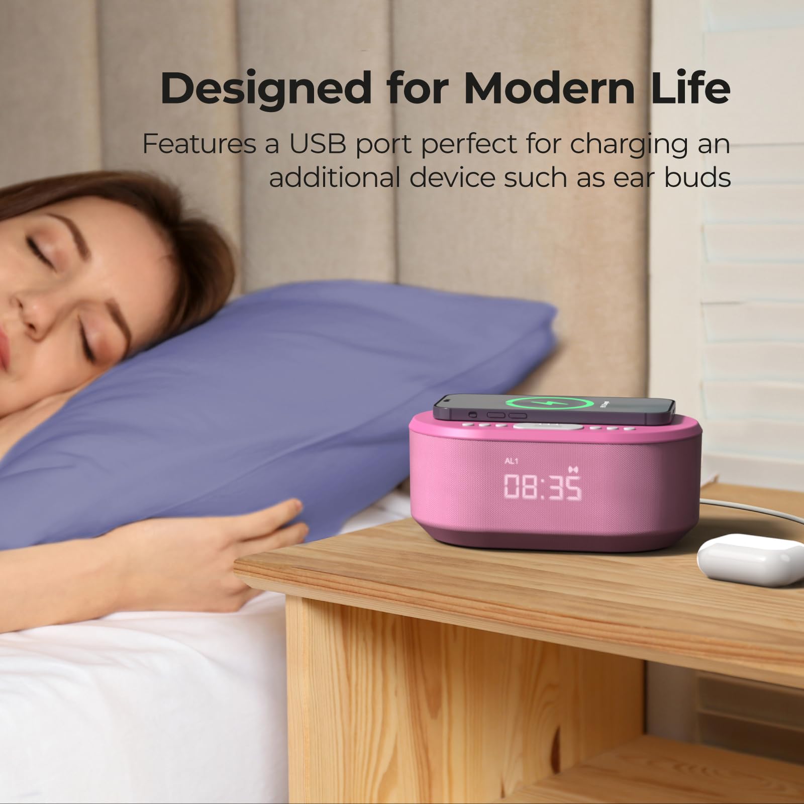 i-Box Bedside Alarm Clock Radio with Bluetooth Speaker, USB Charger & QI Wireless Charging - Dimmable LED Display, Silent Non-Ticking, Mains Powered (Pink) - Perfect for Bedroom, Office, Nightstand & Travel