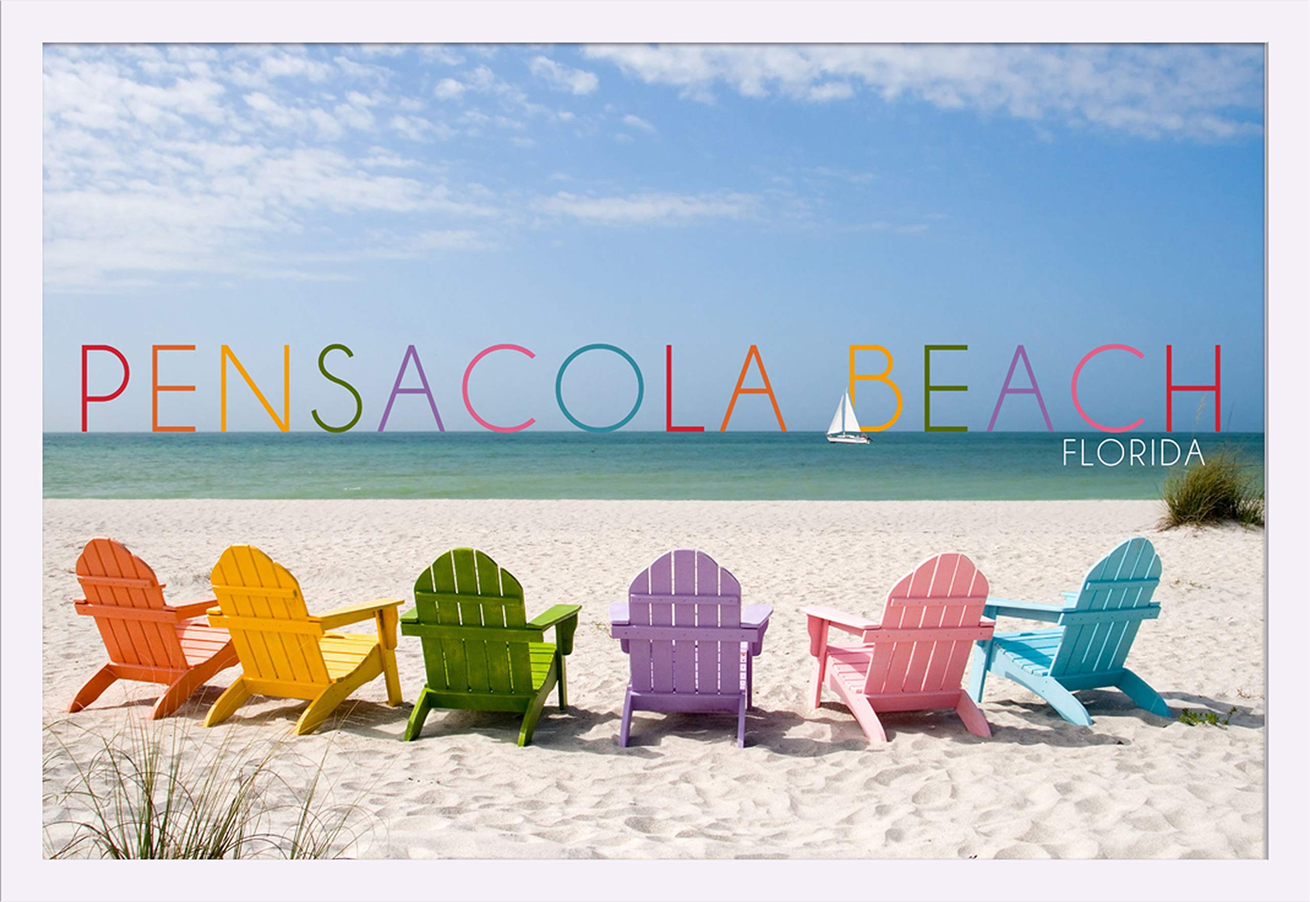 Florida Pensacola Beach Colorful Chairs Giclee Art Print 36x24 - Gallery Framed White Wood Wall Decor for Coastal Living Room, Beach House & Office