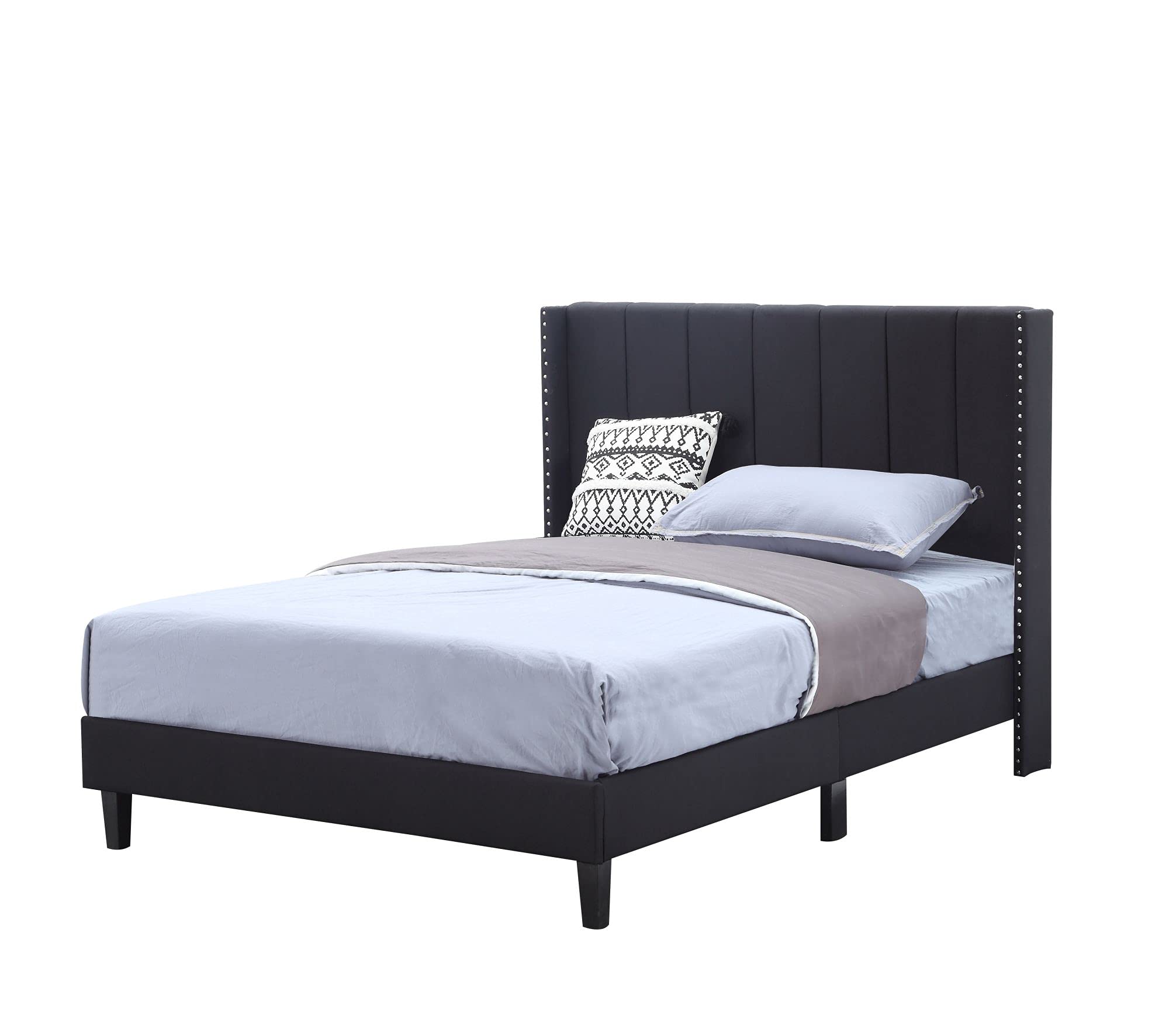 Modern Upholstered Full Size Bed Frame with Headboard & Wood Slat Support - Faux Leather Platform Bed No Box Spring Needed - Easy Assembly Black - Perfect for Guest Rooms, Apartments & Modern Bedrooms