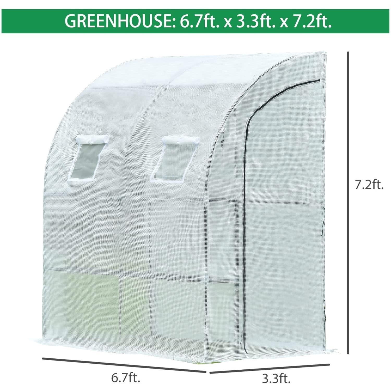 Aoodor 6.7ft x 3.3ft x 7.2ft Walk-in Lean-to Wall Greenhouse - UV Protected & Water Resistant White Polycarbonate Panel with 2 Zipper Doors for Backyard, Patio & Urban Gardening
