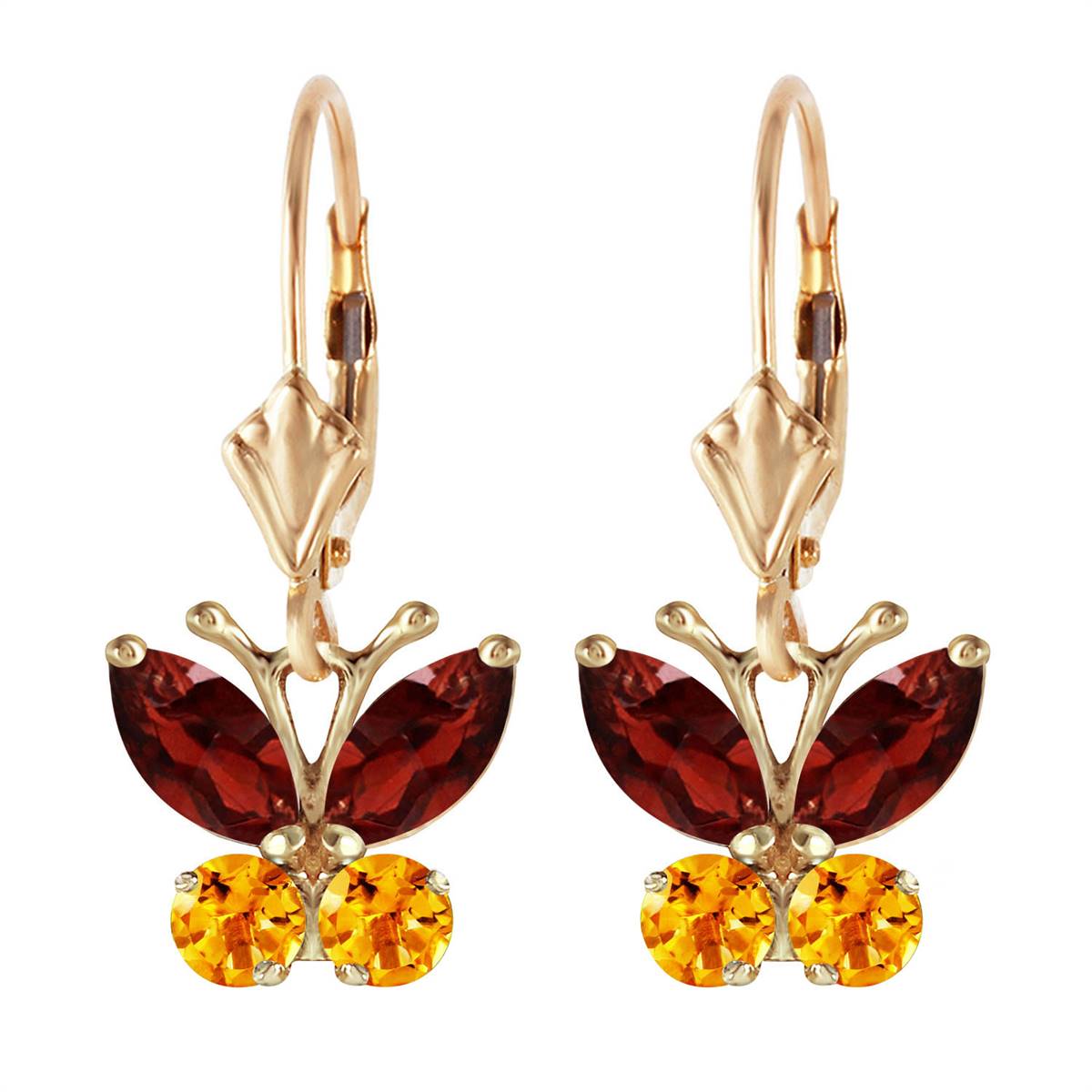 1.24 Carat 14K Solid Yellow Gold Butterfly Earrings with Garnet & Citrine Gemstones - Elegant Jewelry for Women, Perfect for Parties, Weddings & Special Occasions