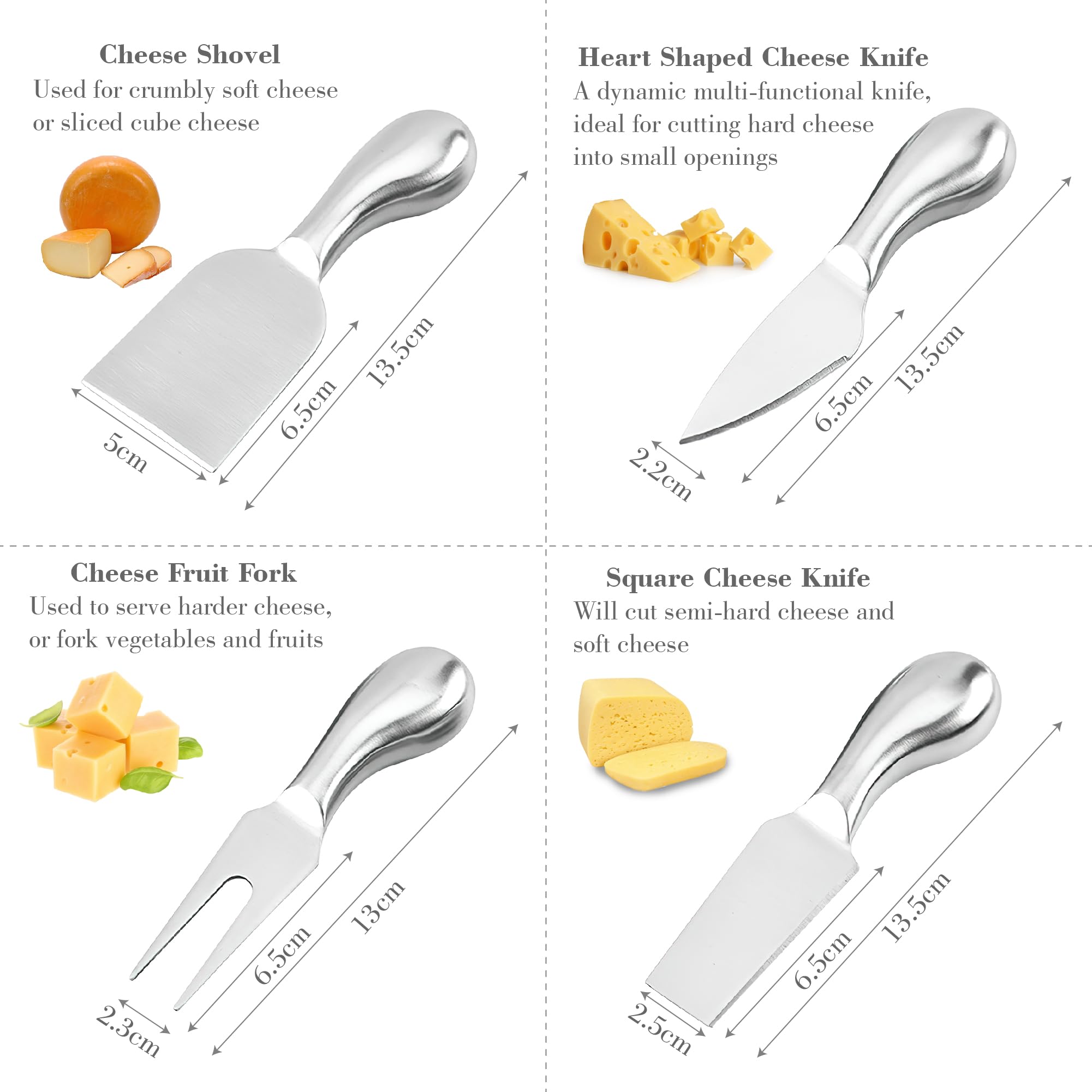 Premium 4-Piece Stainless Steel Cheese Knife Set with Cheese Fork - 5.3 Inch Charcuterie Board Accessories for Entertaining, Housewarming Gifts & Cheese Platter Presentation (Ideal for Dinner Parties, Wine Tasting & Gourmet Cheese Serving)