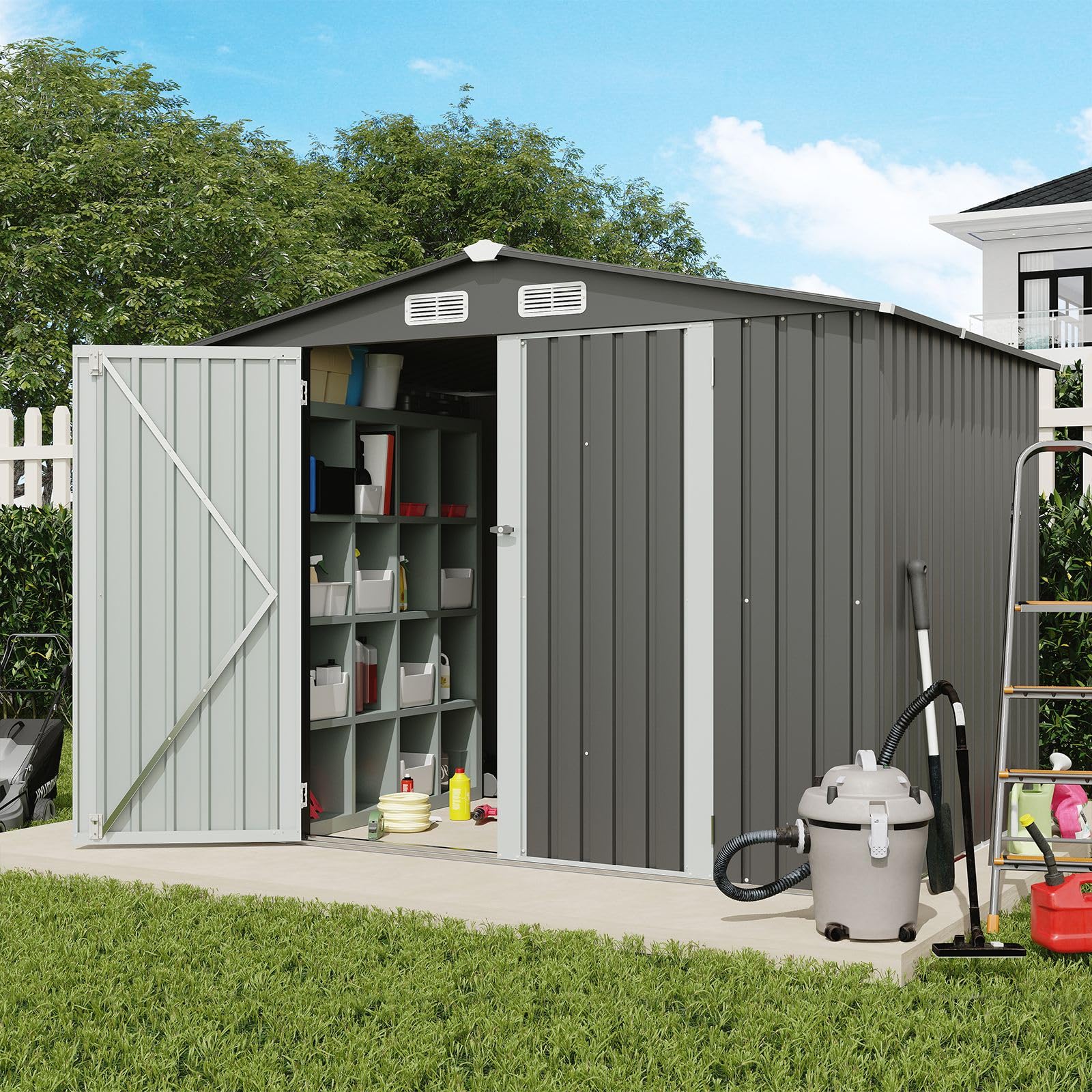 Verano Garden 8x6 FT Galvanized Steel Outdoor Storage Shed with Double Lockable Doors - Durable Metal Tool Shed for Backyard, Patio, Lawn & Garden Organization | Perfect for Storing Lawn Mowers, Gardening Tools & Outdoor Equipment