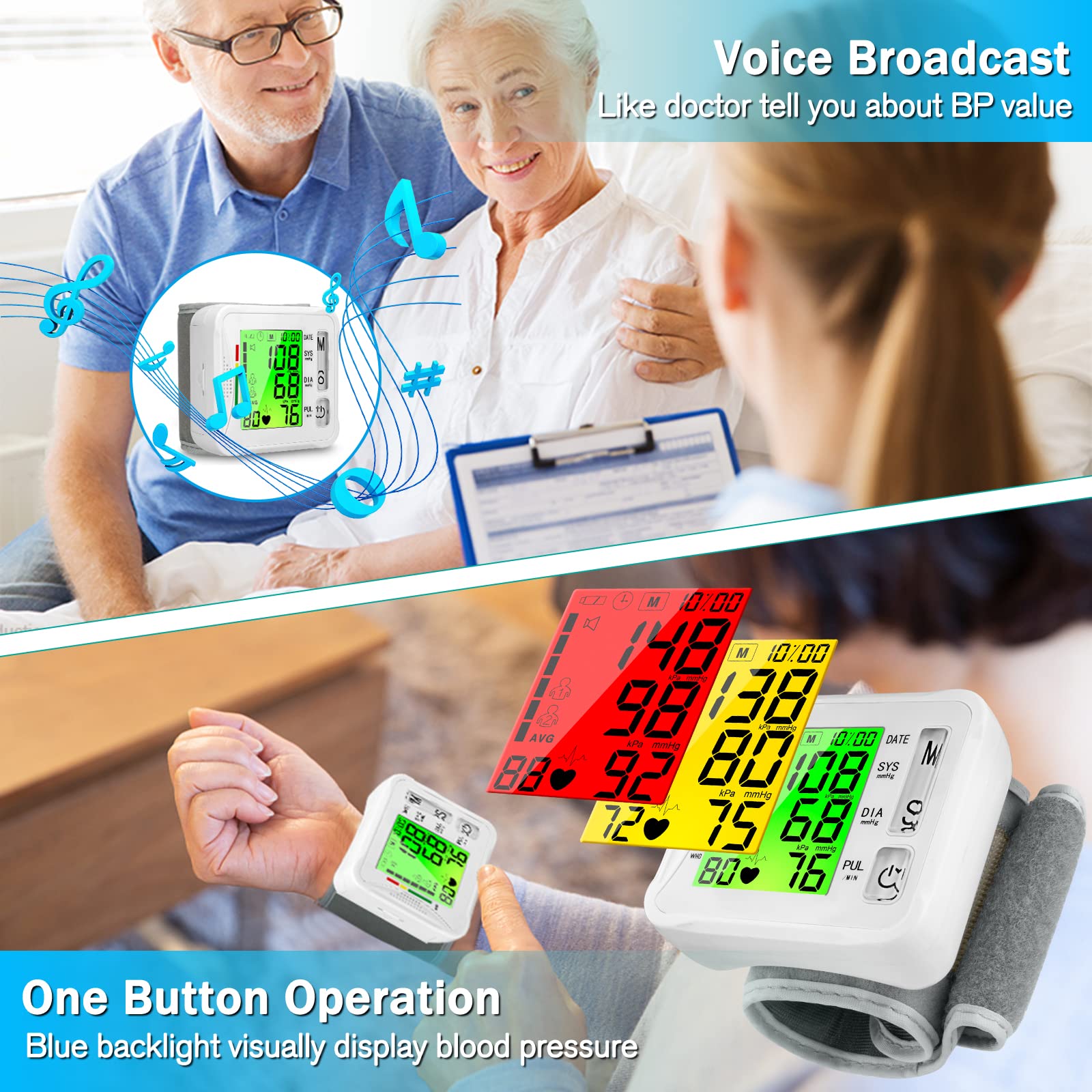 2024 Upgraded Wrist Blood Pressure Monitor - Digital BP Machine with Tri-Backlit LCD Display, Automatic Pulse Rate Monitoring, USB Rechargeable, 2x99 Memory Storage | Portable Blood Pressure Check for Home Use, Travel & Fitness Tracking