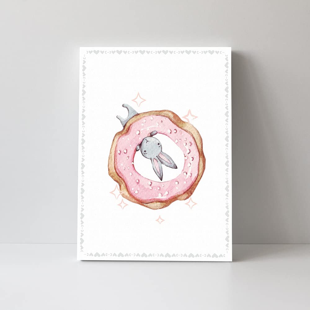 TJ Originals - Pink Donut Bunny Canvas Wall Art for Baby Nursery & Playroom Decor - Unique Baby Shower Gift for New Moms - Cute Bunny Themed Boy or Girl Bedroom Art (12x16) - Perfect for Newborn Gifts, Baby Room Decor & Nursery Wall Decorations