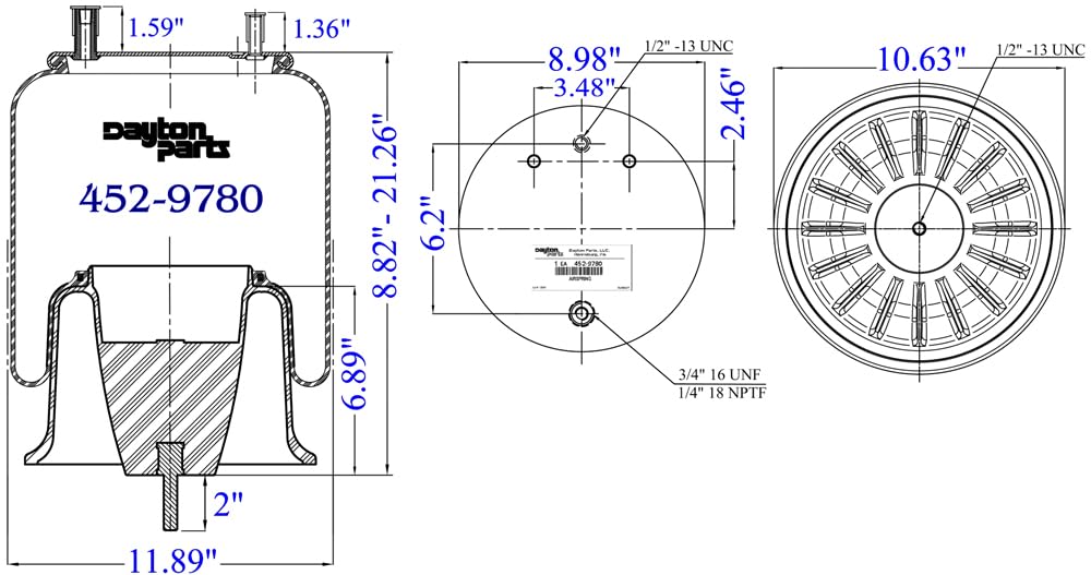 452-9780L Air Spring Rolling Lobe with Composite Piston - 15.04