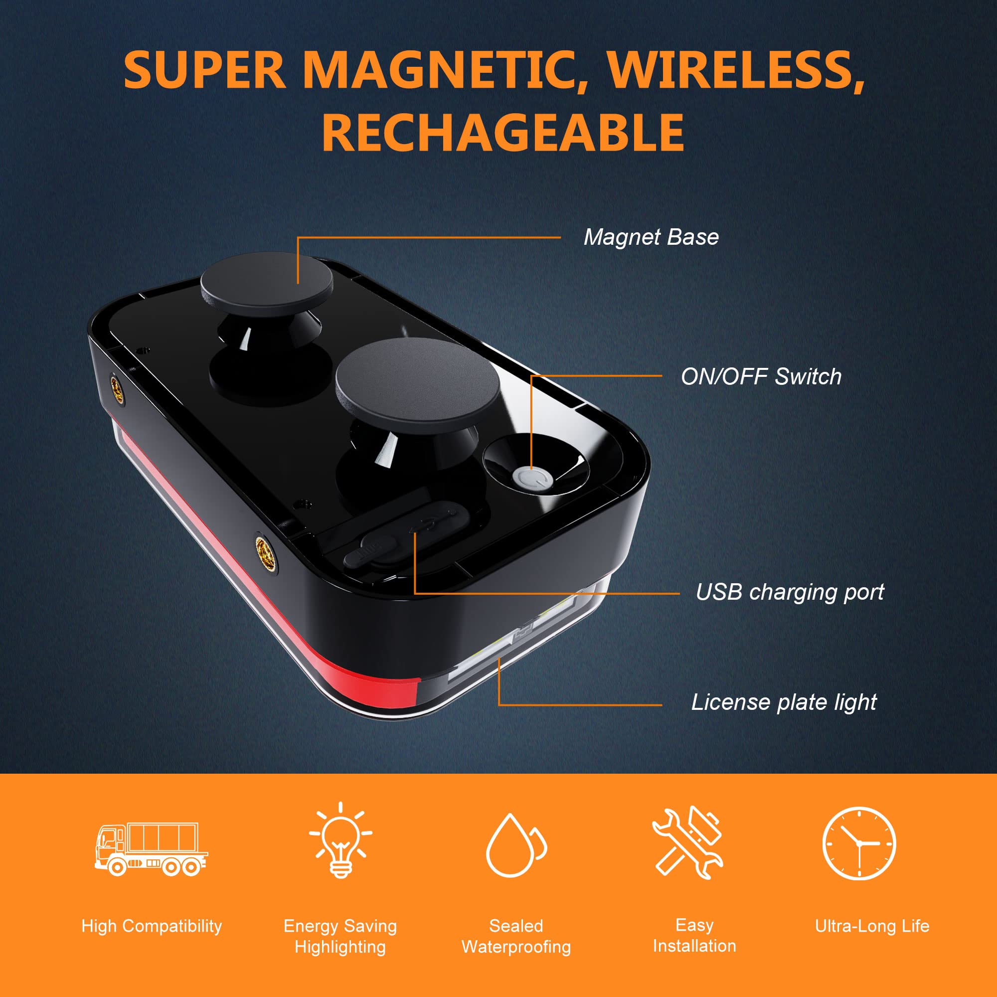 Magnetic Wireless LED Trailer Rear Lights Kit - 2PCS Rechargeable Universal LED Turn Signal Brake Parking Lights with License Plate Light for Trucks, Trailers, RVs, Vans, Boats - Perfect for Night Driving & Camping Safety