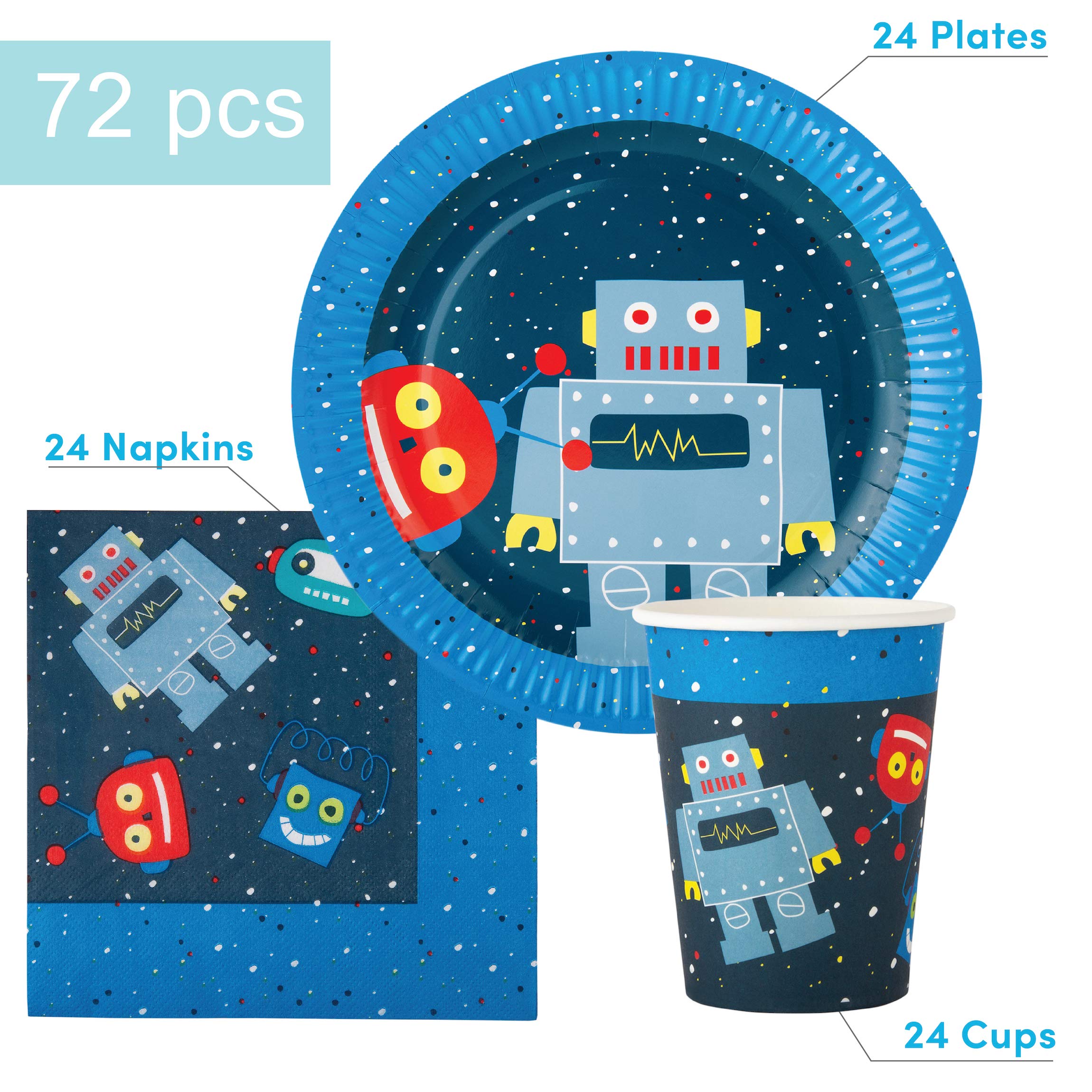 Blue Robot-Themed Birthday Party Supplies - 72-Piece Disposable Paper Plates, Napkins & Cups Set for Boys (Serves 24) - Perfect for Kids' Birthday Parties, Themed Events & Celebrations