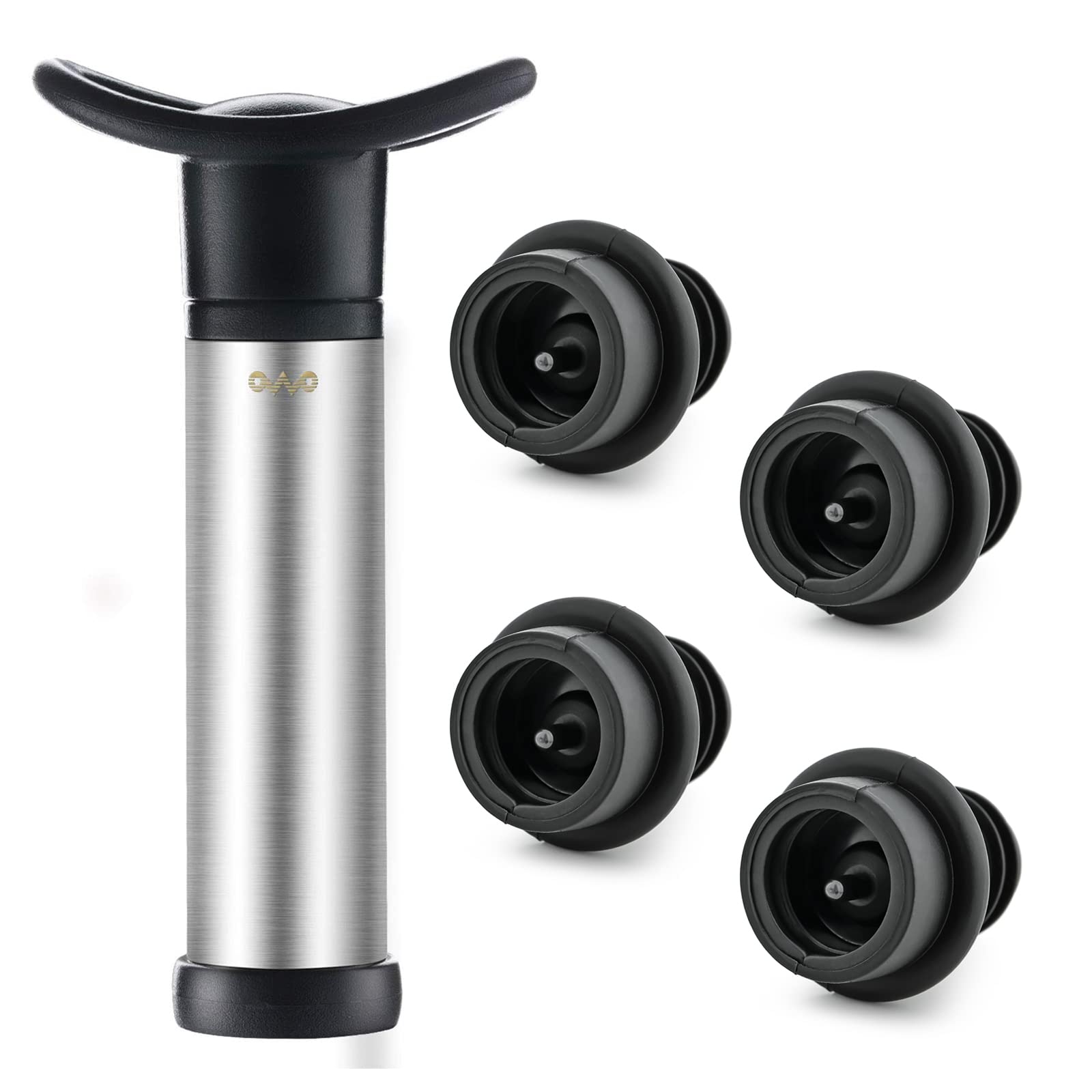 Premium OWO Wine Vacuum Pump with 4 Stoppers - Stainless Steel Wine Saver & Preserver Kit - Reusable Air Remover Pump for Freshness - Perfect for Red, White & Sparkling Wine Preservation at Home or Parties