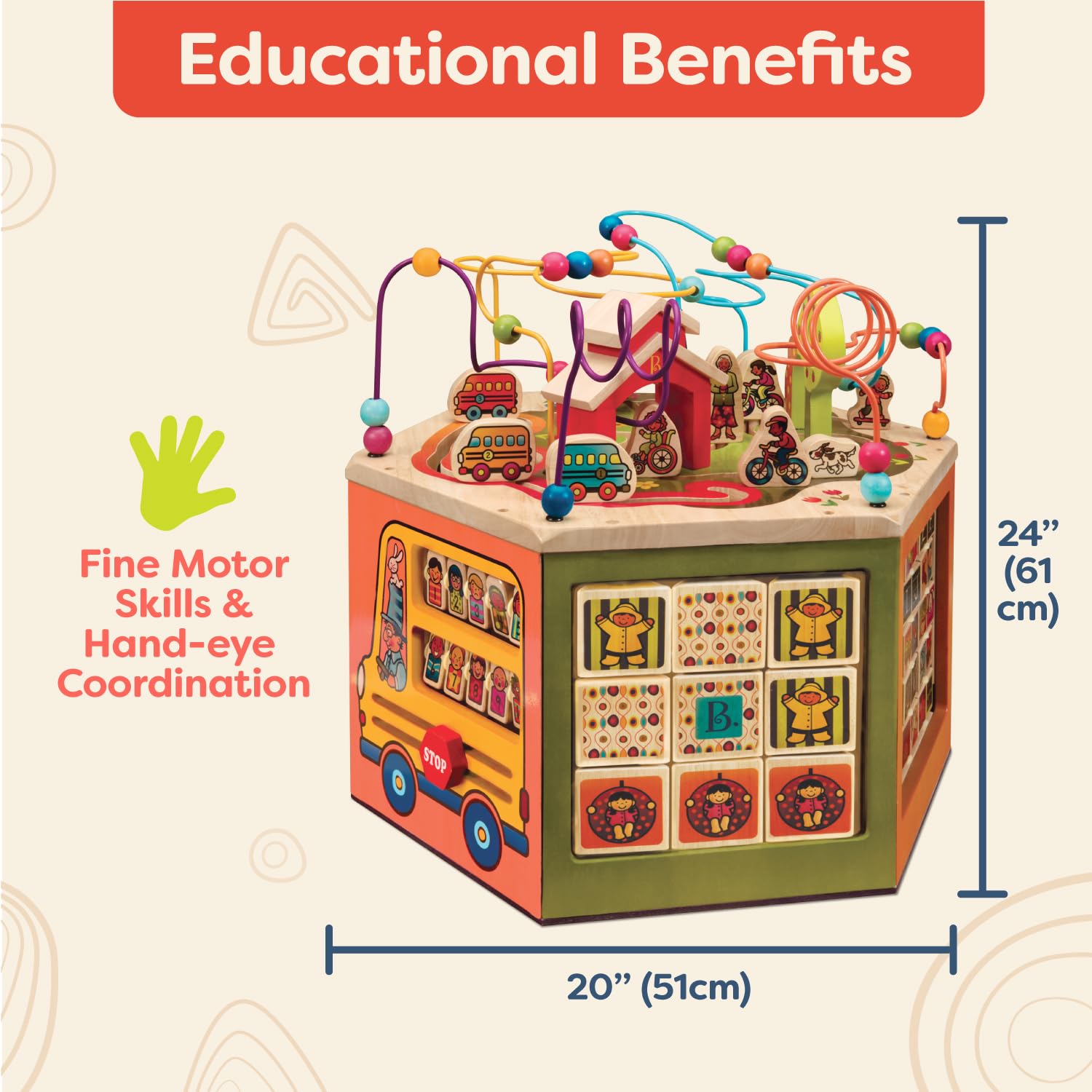 B. Toys Youniversity Wooden Activity Cube – Educational Learning Toy for Toddlers & Kids 12+ Months – Alphabet, Numbers, Shapes – Developmental STEM Toy for Early Childhood – Perfect for Playtime, Classroom & Homeschool Learning Activities